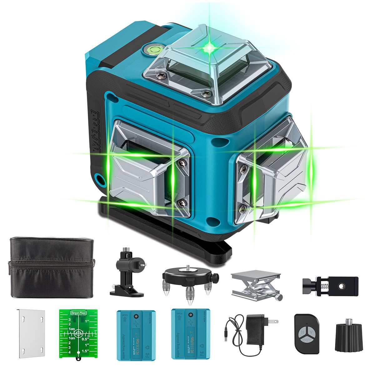 Nivzo Wasserwaage Kreuzlinienlaser 4D, 16 Linien, 360° Grün, Selbstnivellierend, IP54, 4 x 360°-Design, Fernbedienung, 2 x Batterie, Laufflächenhalterung