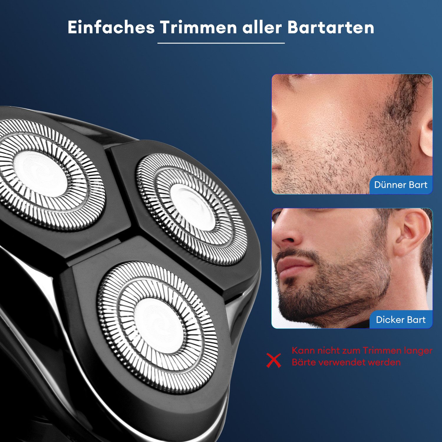 CkeyiN Elektrorasierer 3-in-1 mit schwimmenden Scherköpfen Nasenhaartrimmer Barttrimmer, Aufsätze: 3, IPX7 wasserdicht, magnetischer 3D-Floating-Elektrorasierer – Bild 4 von 5