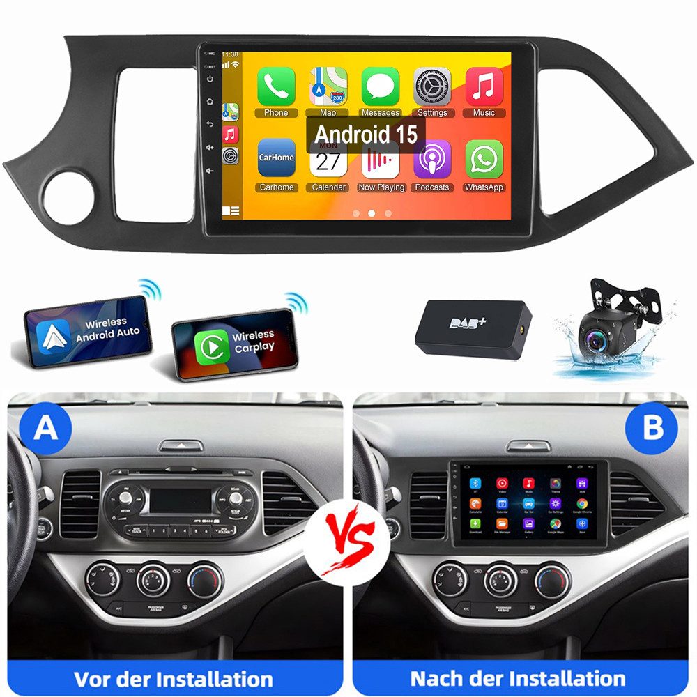 ESSGOO Für KIA PICANTO TA 2011-2016 Android 15 Autoradio Autoradio (RDS, Digitalradio (DAB), FM, AM, Apple Carplay Android Auto GPS Navi WIFI BT SWC)