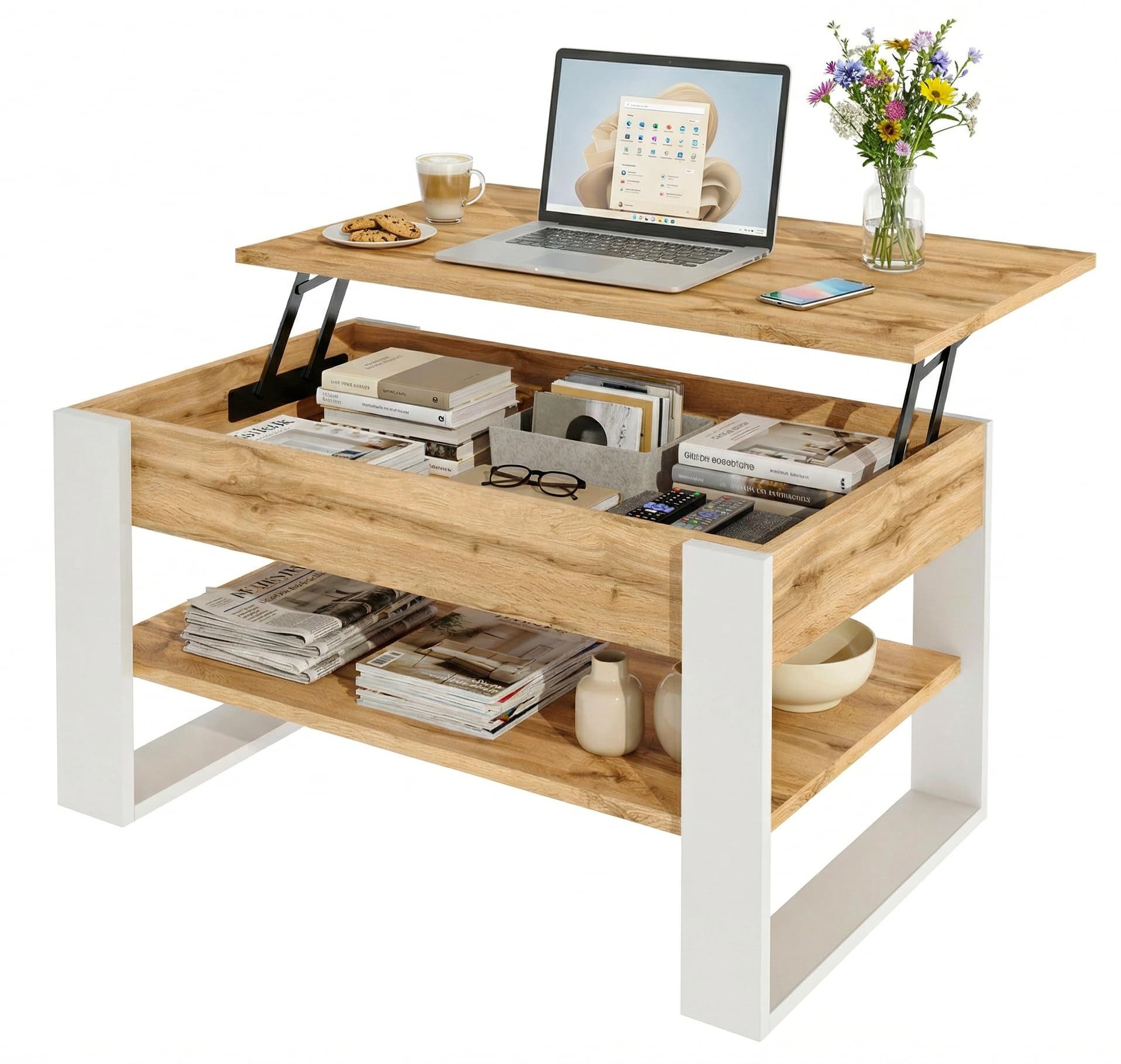 TREND WERK Couchtisch Lift-Couchtisch höhenverstellbar Sofatisch 92×54 cm mit Stauraum, verstecktem Fach Wohnzimmertisch Holz modern