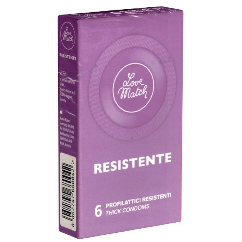 Love Match Kondome Resistente Packung mit, 6 St., italienische Kondome für besondere Sicherheit, Retro-Design, verstärkte Kondome in Rundfolien
