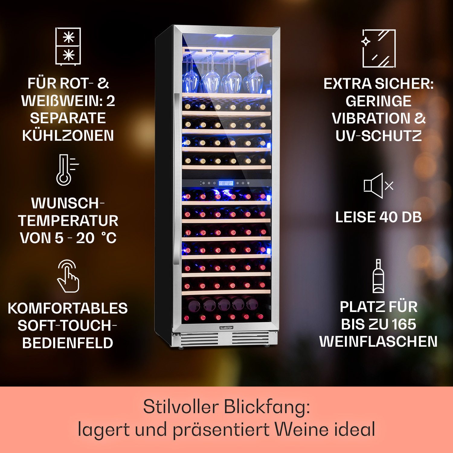 Klarstein Weinkühlschrank Vinovilla Grande 165 Built-in Duo Weinkühlschrank 425L 165 Fl 2 Zonen, für 165 Standardflaschen á 0,75l,2 Zonen Wein Flaschenkühlschrank Weintemperierschrank Weinschrank