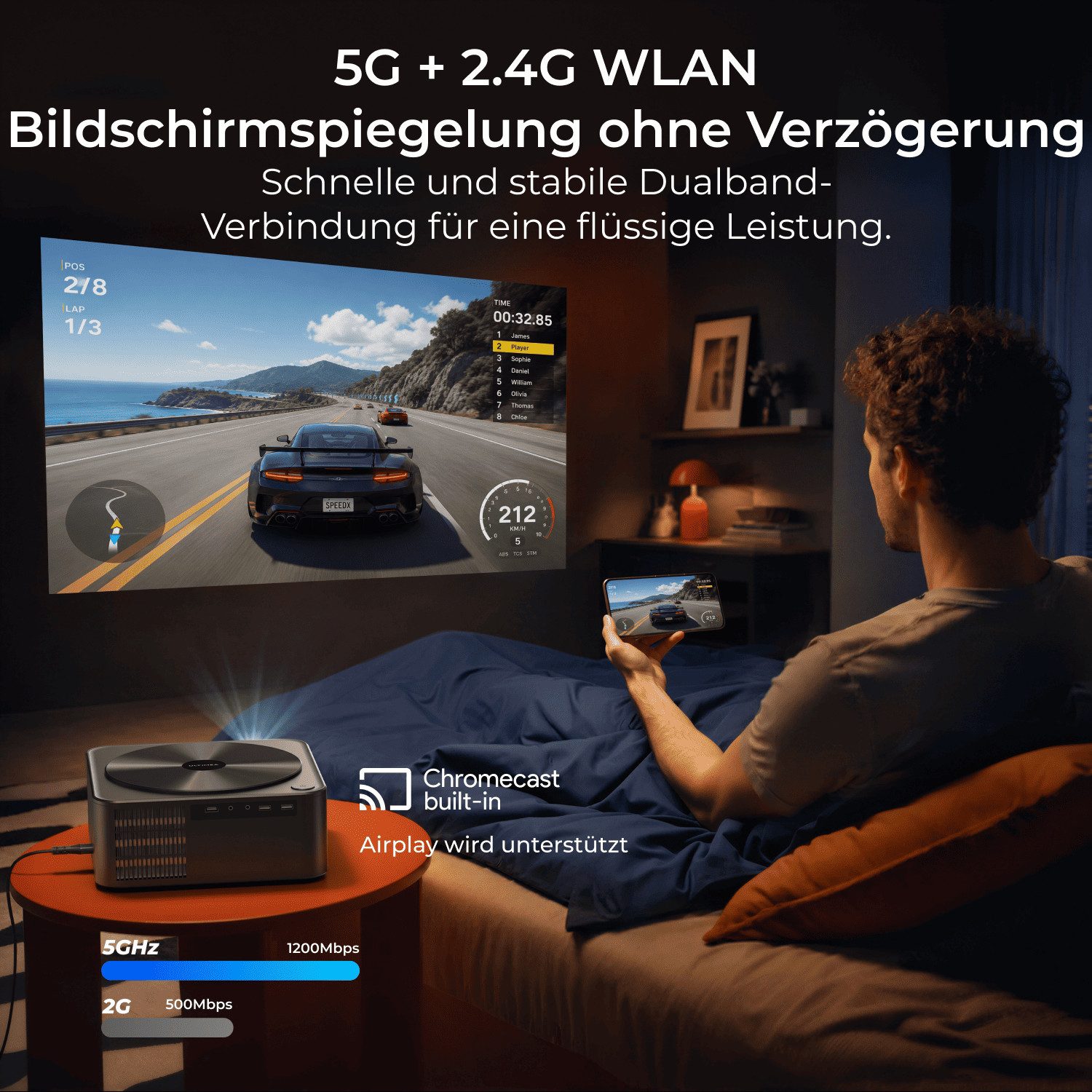 Ultimea Apollo-P40 Beamer Aktualisierte Version mit Hindernisvermeidung Beamer (21000 lm, 15000:1, 1920 x 1080 px,intelligenter Bildschirmausrichtung, 6D Trapezkorrektur&Autofokus)