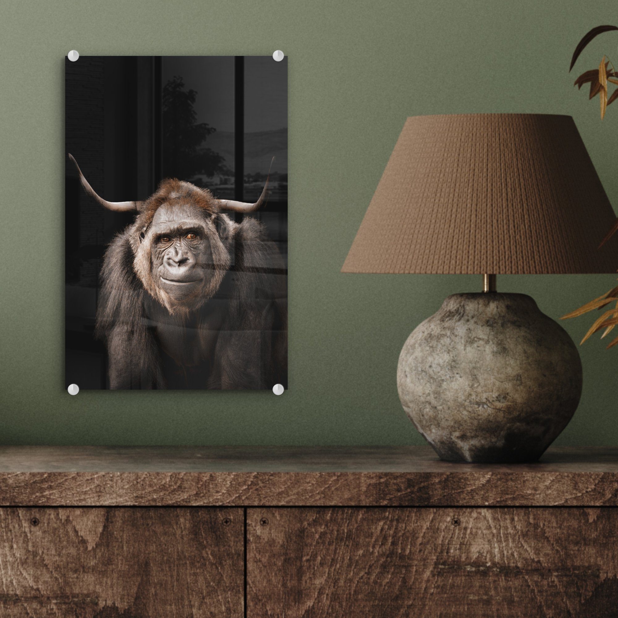 Wanddekoration - Glas Tier, St), Foto Gorilla - (1 Wandbild Acrylglasbild - Glas auf - - auf Glasbilder Bilder Schwarz MuchoWow