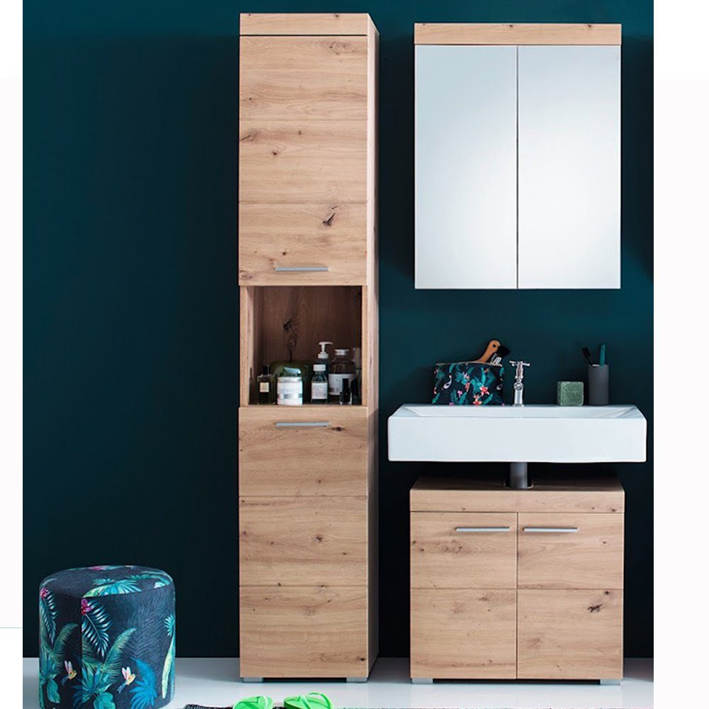 trendteam Badezimmer-Set Amanda/MandoBad, Badmöbel-Set Waschbeckenunterschrank Hochschrank Spiegelschrank