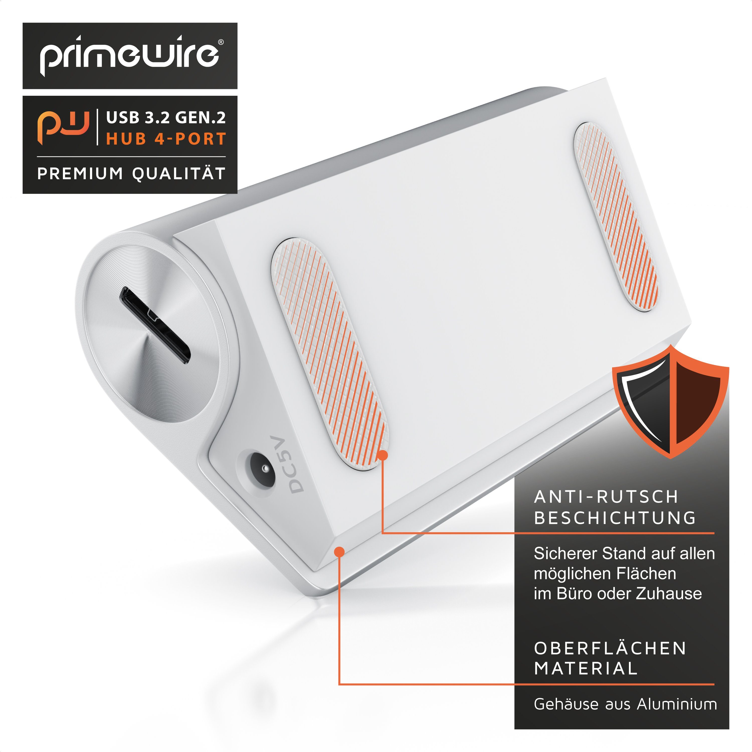 Primewire 4 Port USB 3.2 Gen2 Hub Aktiv Verteiler mit Netzteil, Alugehäuse USB-Adapter 1× USB Typ A Stecker zu 4 x USB 3.2 Gen2 Buchse, 10 Gbit/s für Festplatte – Bild 4 von 5