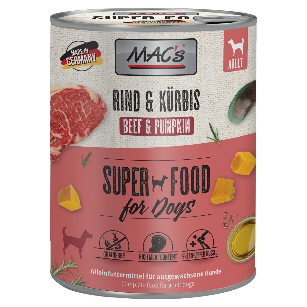 MAC'S Rind & Kürbis 800 g - 6 Stück, Nassfutter für: Hund