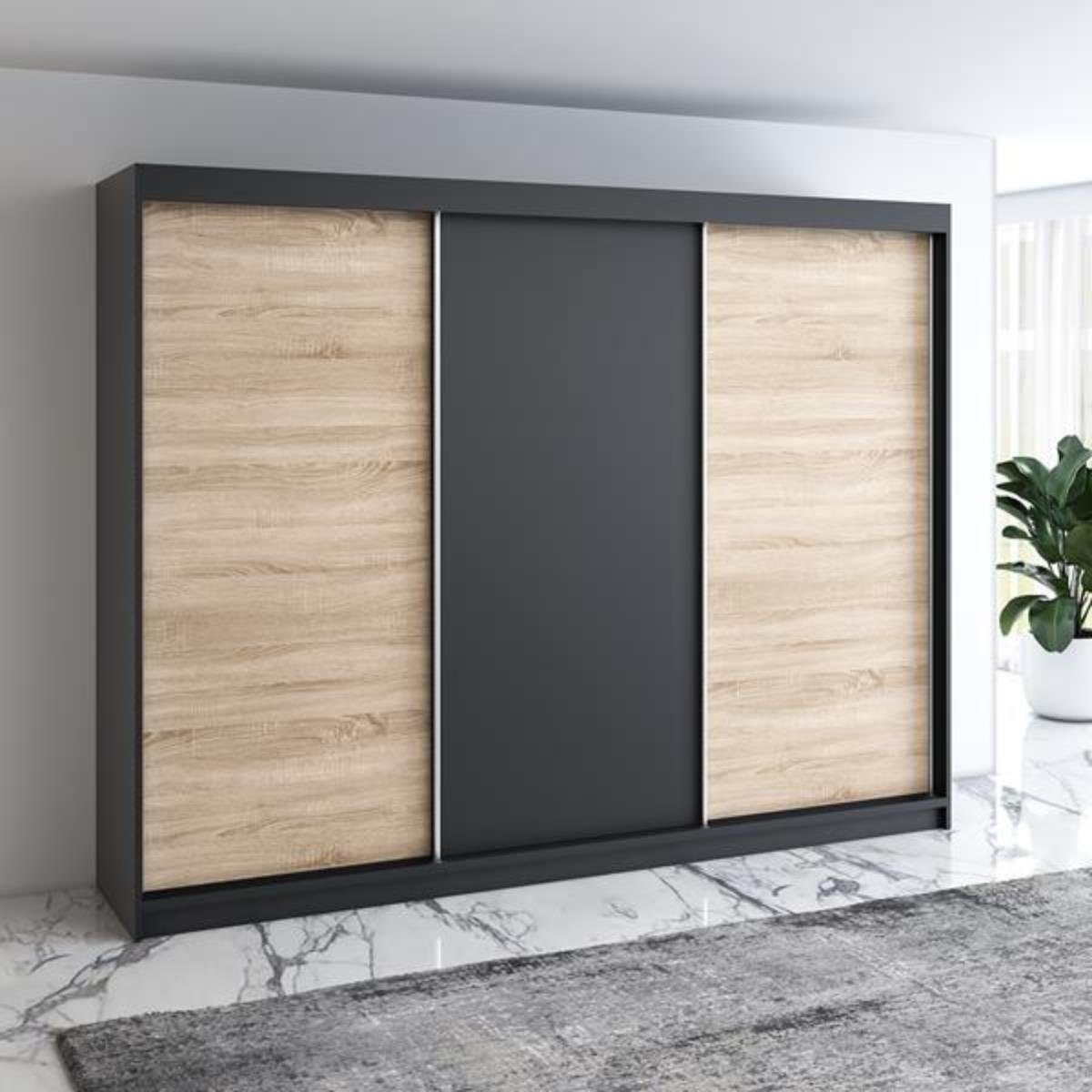 A&J MöbelLand GmbH Schwebetürenschrank MERI 200 cm 3-türig Schrank mit 4 Schubladen Schwarz / sonoma / schwarz / sonoma