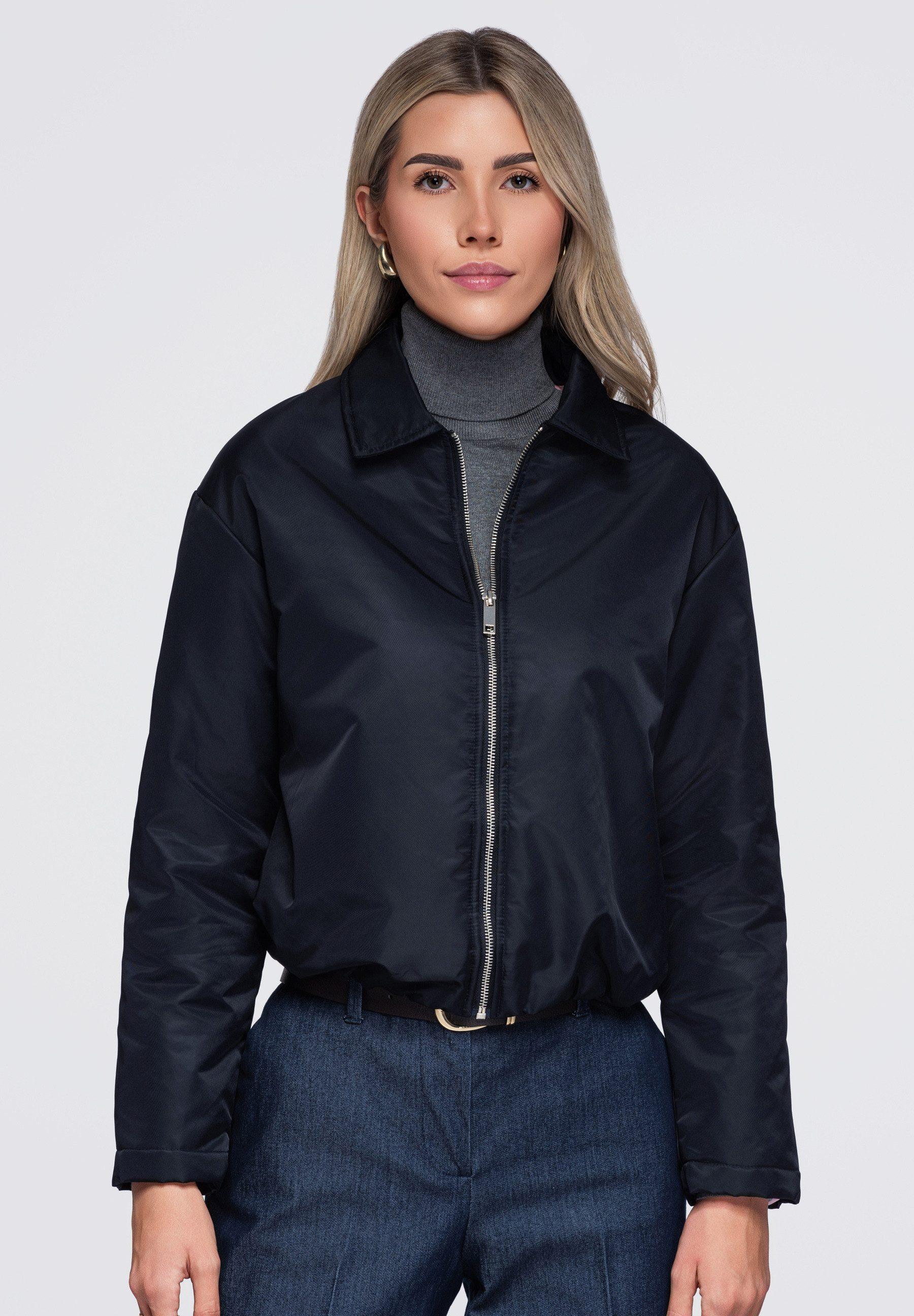 OMBRE Bomberjacke Damen Bomberjacke mit klassischem Kragen und glänzender Optik Navy M (kein Set, 1-St) in Unifarbe