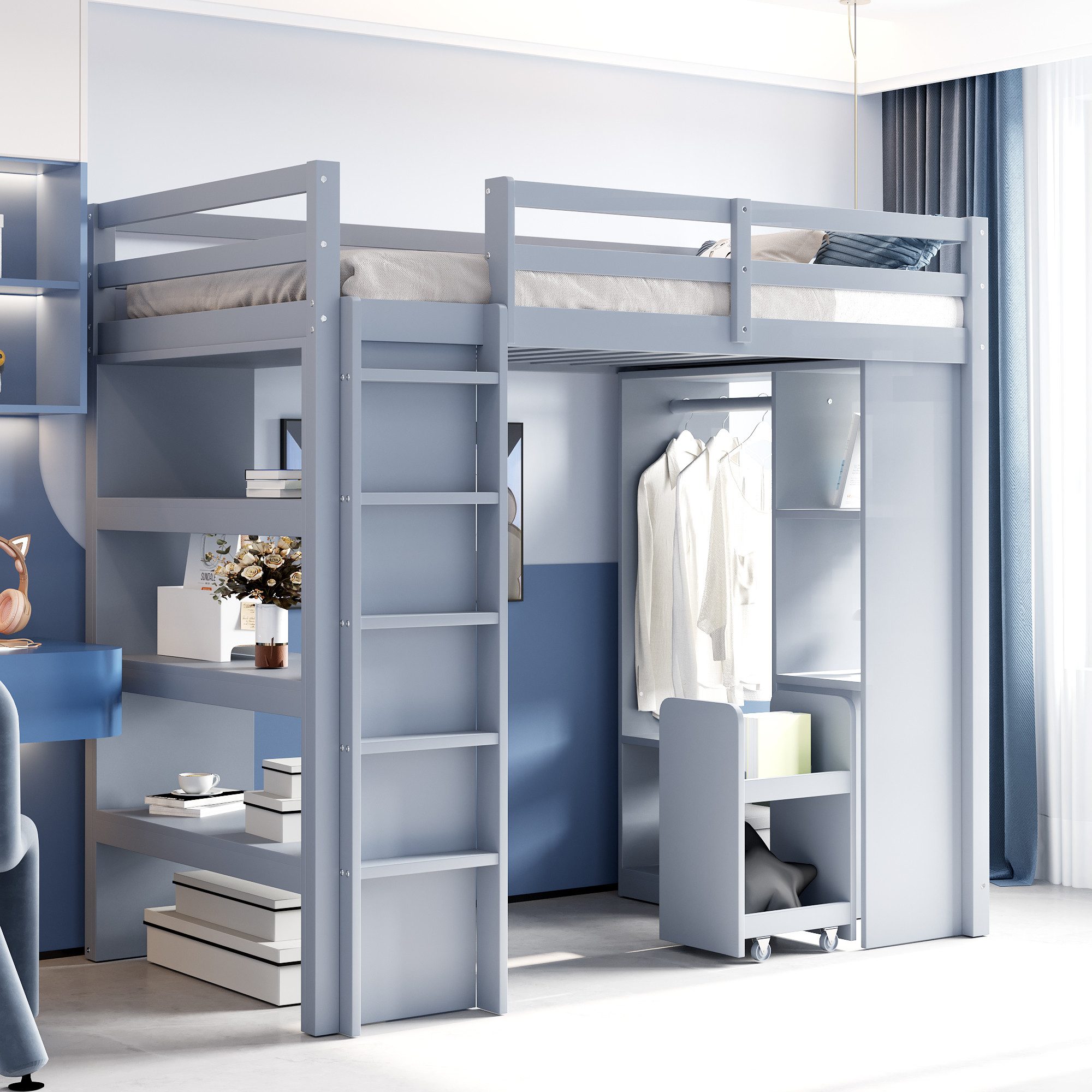 Merax Hochbett mit viel Stauraum unter dem Bett (1-St., Einzelbett Jugendbett) Kiefer Kinderbett 90x200 cm mit Regalen, Kleiderhaken & Rollwagen