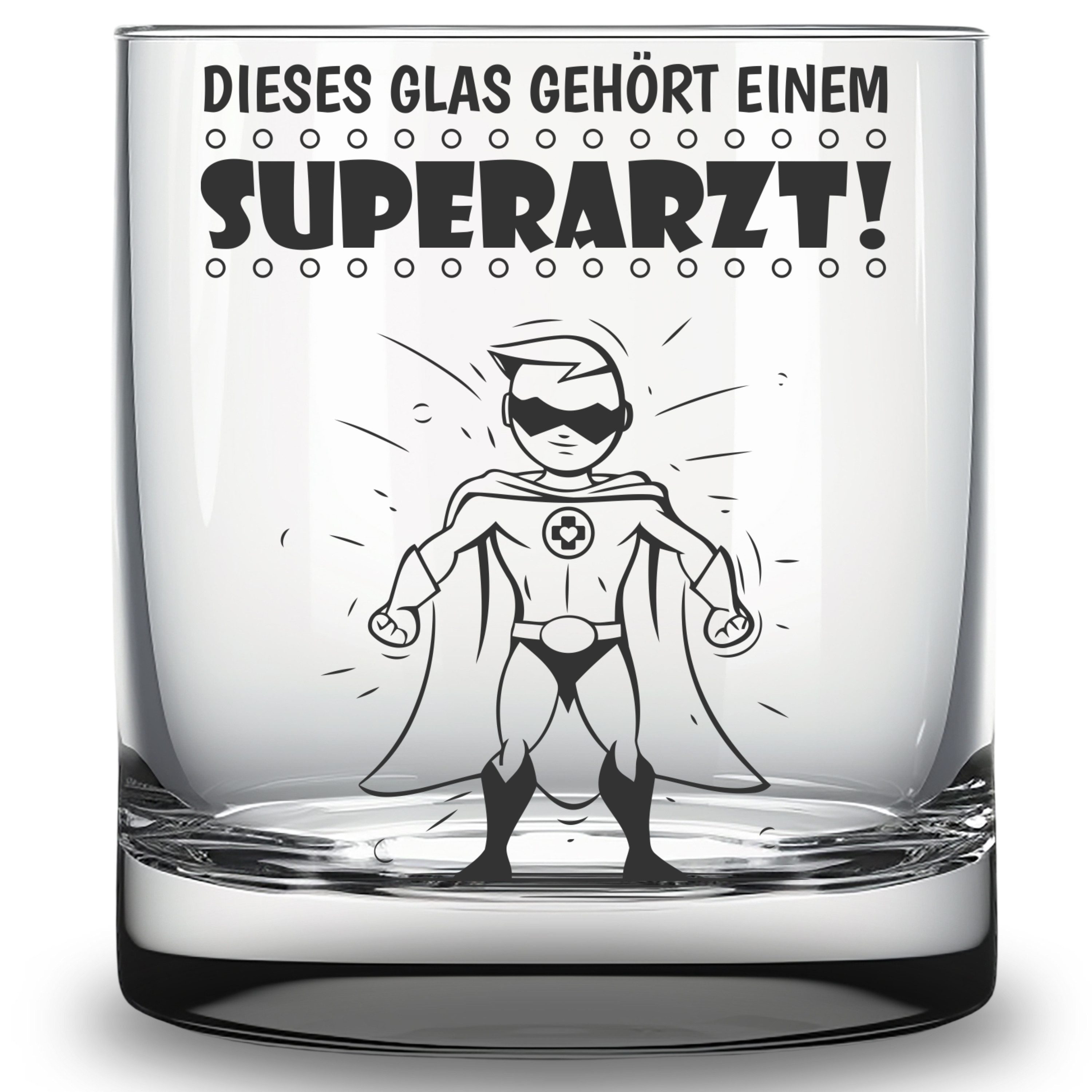 Lasernauten Whiskyglas Trinkglas mit Gravur "Superarzt" Motiv und Spruch Geschenk für Ärzte, mit Gravur