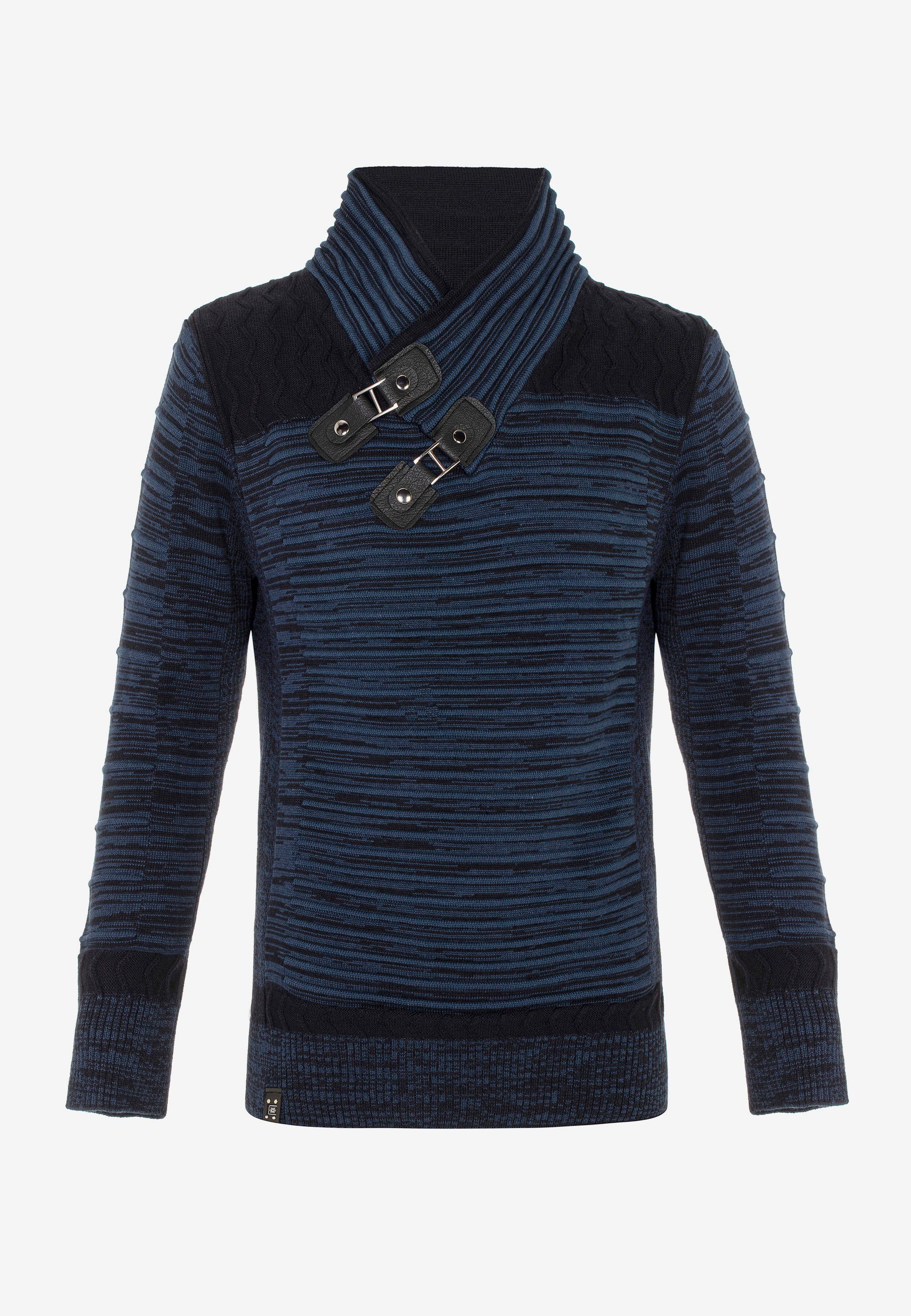 Cipo & Baxx Strickpullover mit dunkelblau-blau Umschlagkragen modischem