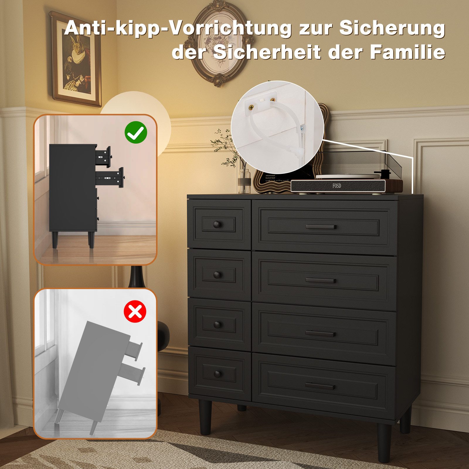 HOMAVO Kommode DG3 mit 8 Schubladen– modernes Design mit Füßen-75x40x87 cm, FSC®, viel Stauraum, pflegeleicht-für Wohnzimmer Schlafzimmer