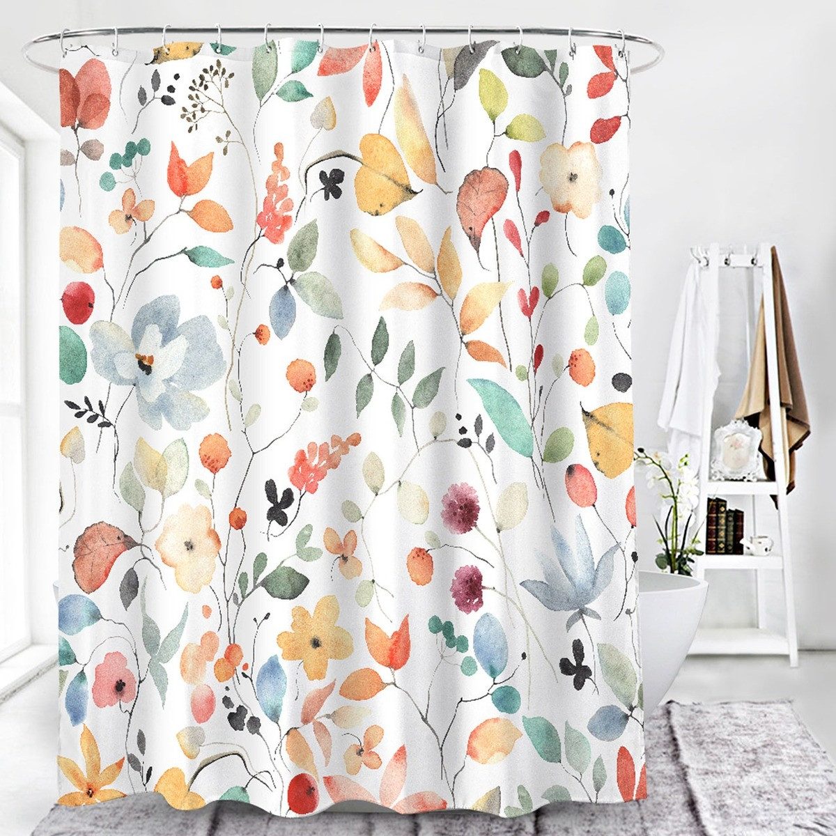 Euroshowers GmbH Duschvorhang Blumenmuster Bunt 180 × 200 cm Polyester mit 12 Ringen Breite 180 cm