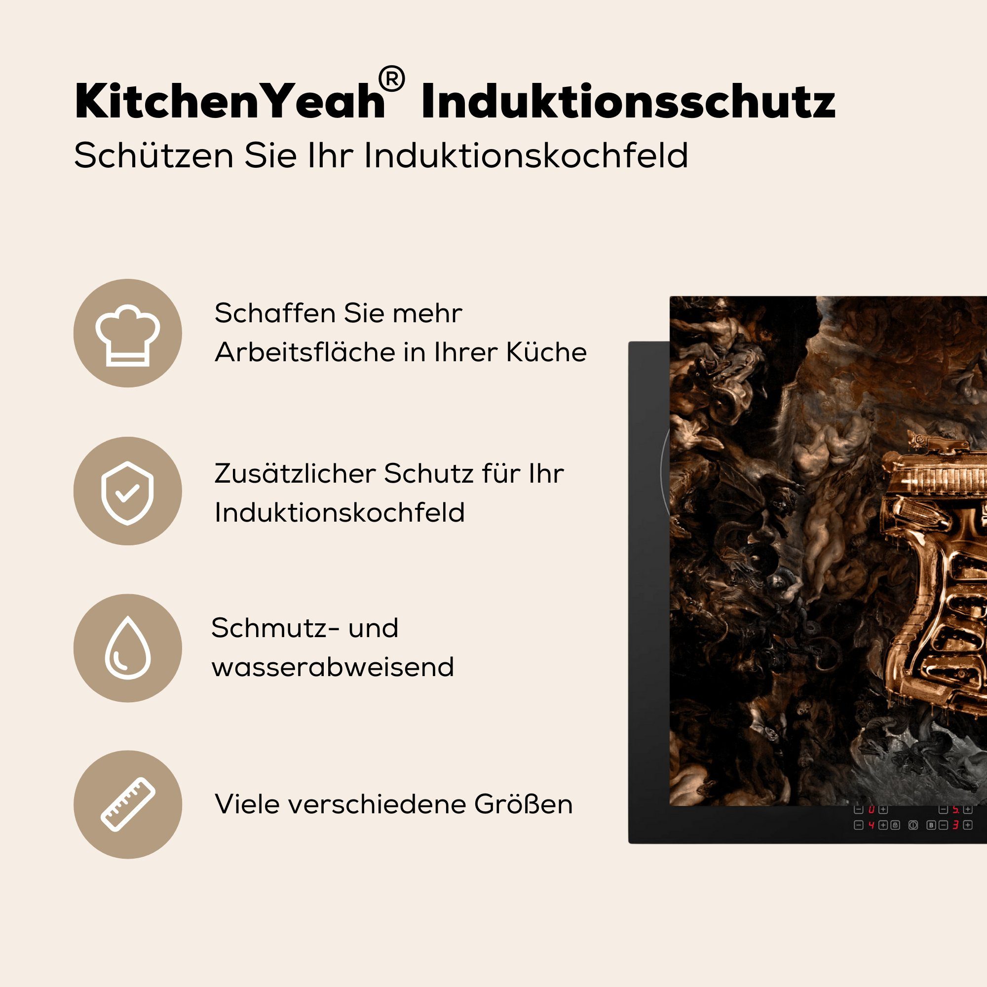 Induktionskochfeld cm, die Rauch, Ceranfeldabdeckung 81x52 Schutz für - MuchoWow küche, Herdblende-/Abdeckplatte Pistole (1 tlg), - Vinyl, Gold