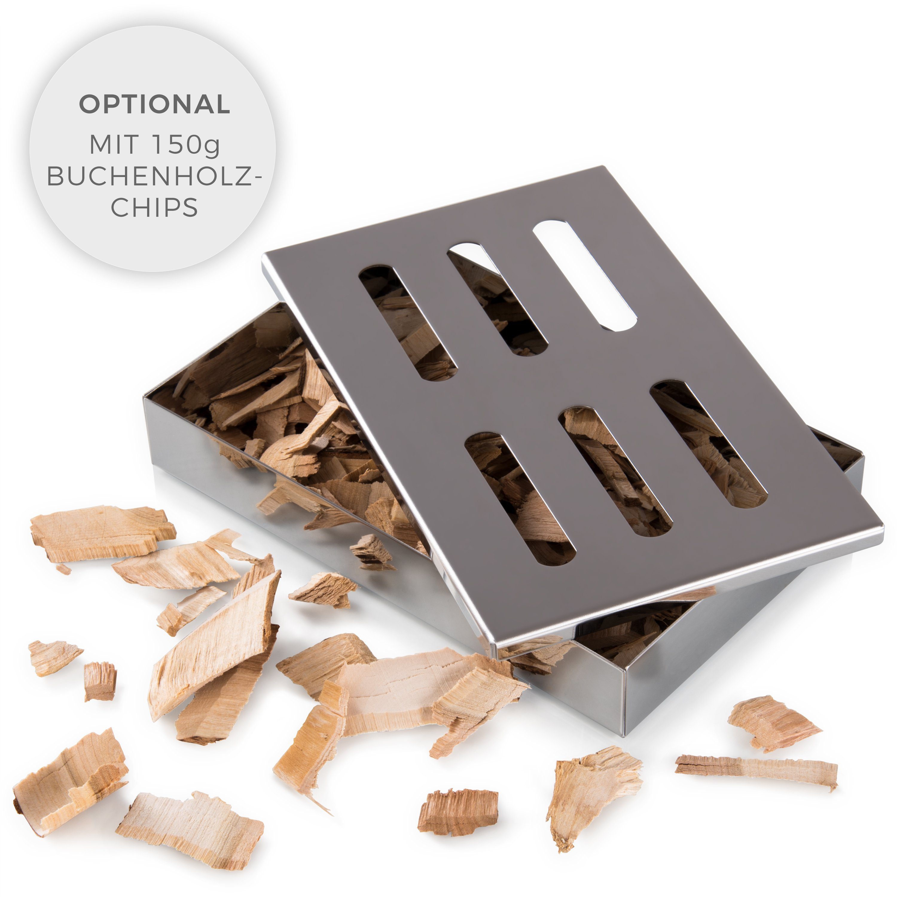 Blumtal Räucherbox Smokerbox aus rostfreiem Edelstahl für Gas- und Holzkohlegrill (1-tlg) 1 Räucherbox oder 1 Räucherbox inklusive Buchenholz-Chips (150g) mit edler Chromoptik
