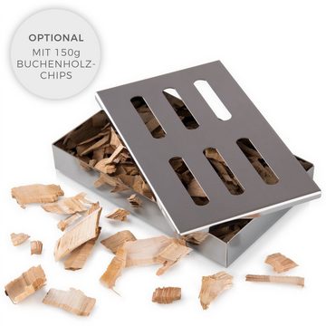 Blumtal Räucherbox Smokerbox aus rostfreiem Edelstahl für Gas- und Holzkohlegrill (2-tlg) 1 Räucherbox oder 1 Räucherbox inklusive Buchenholz-Chips (150g) mit edler Chromoptik