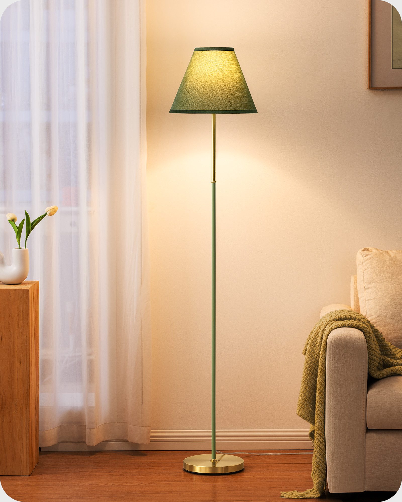 EDISHINE Stehlampe Wohnzimmer, LED wechselbar, warmweiß, Retro Stehlampe für Ecke, mit Leinenstoff-Schirm, 2700K, Grün