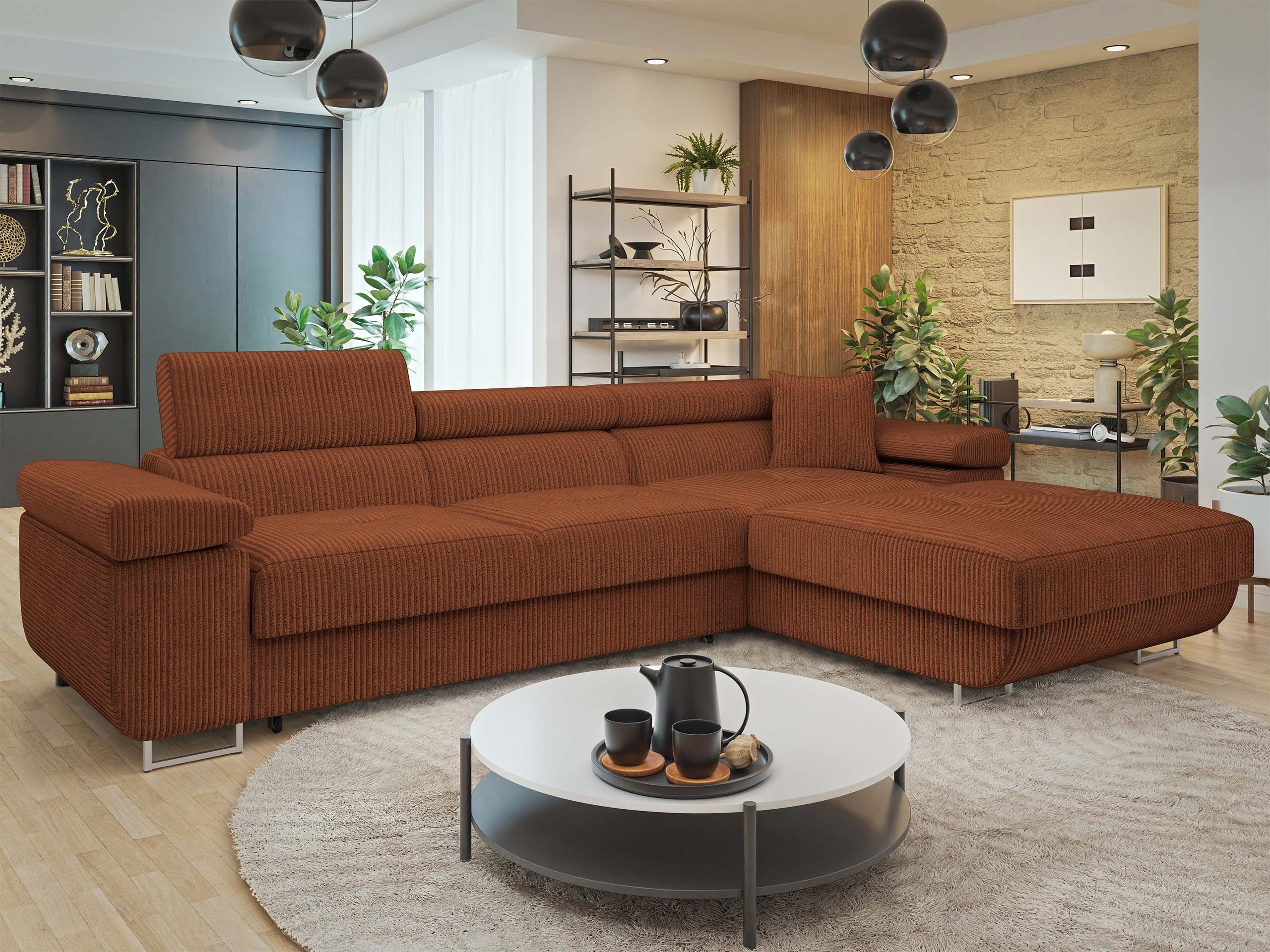 MIRJAN24 Ecksofa Torezio Mini Cord, mit Bettkasten und Schlaffunktion, Einstellbare Kopfstützen, 280x170x70-90 cm