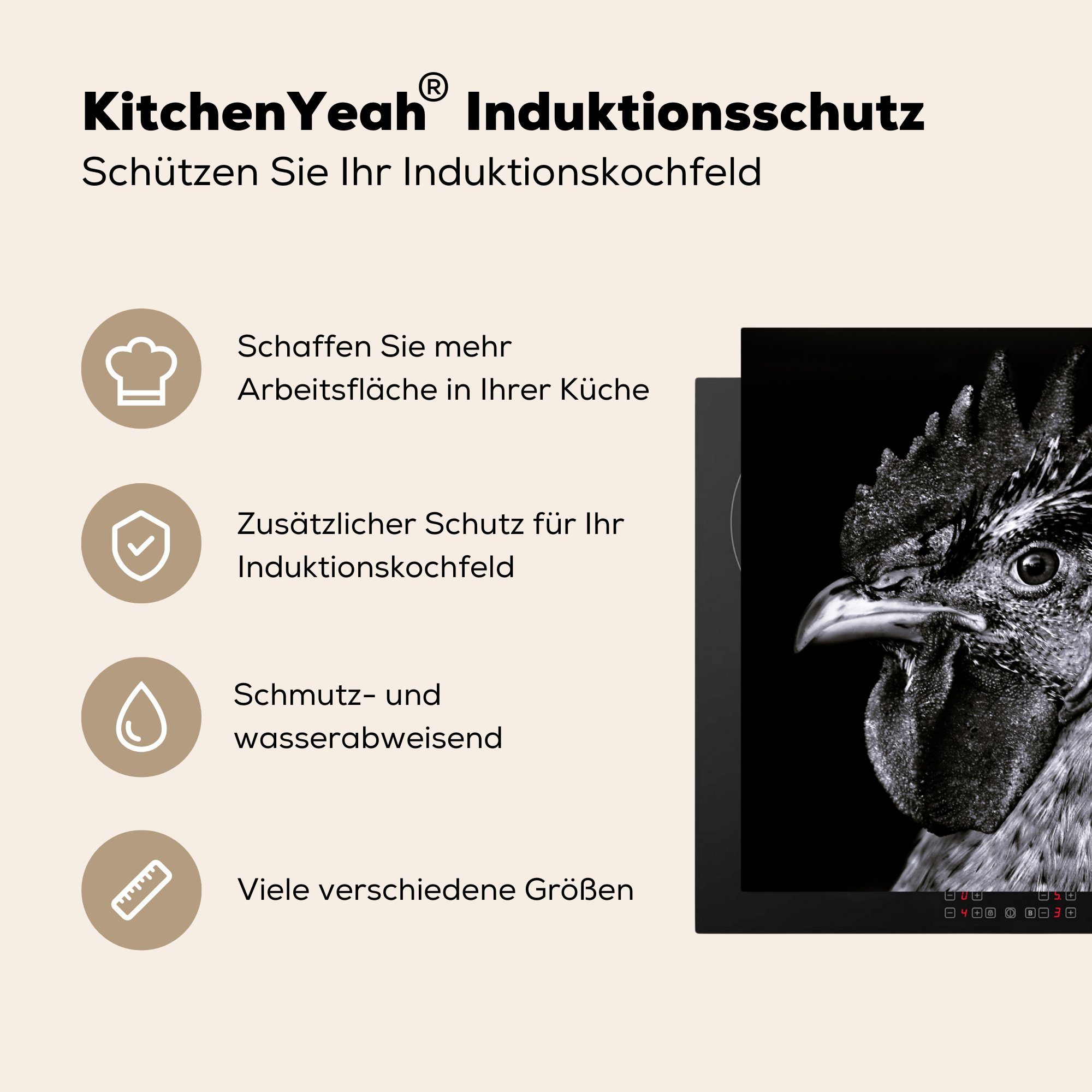cm, tlg), Hahn küche Arbeitsplatte Herdblende-/Abdeckplatte Vinyl, - Weiß, - (1 für MuchoWow Ceranfeldabdeckung, - Schwarz Vogel 78x78
