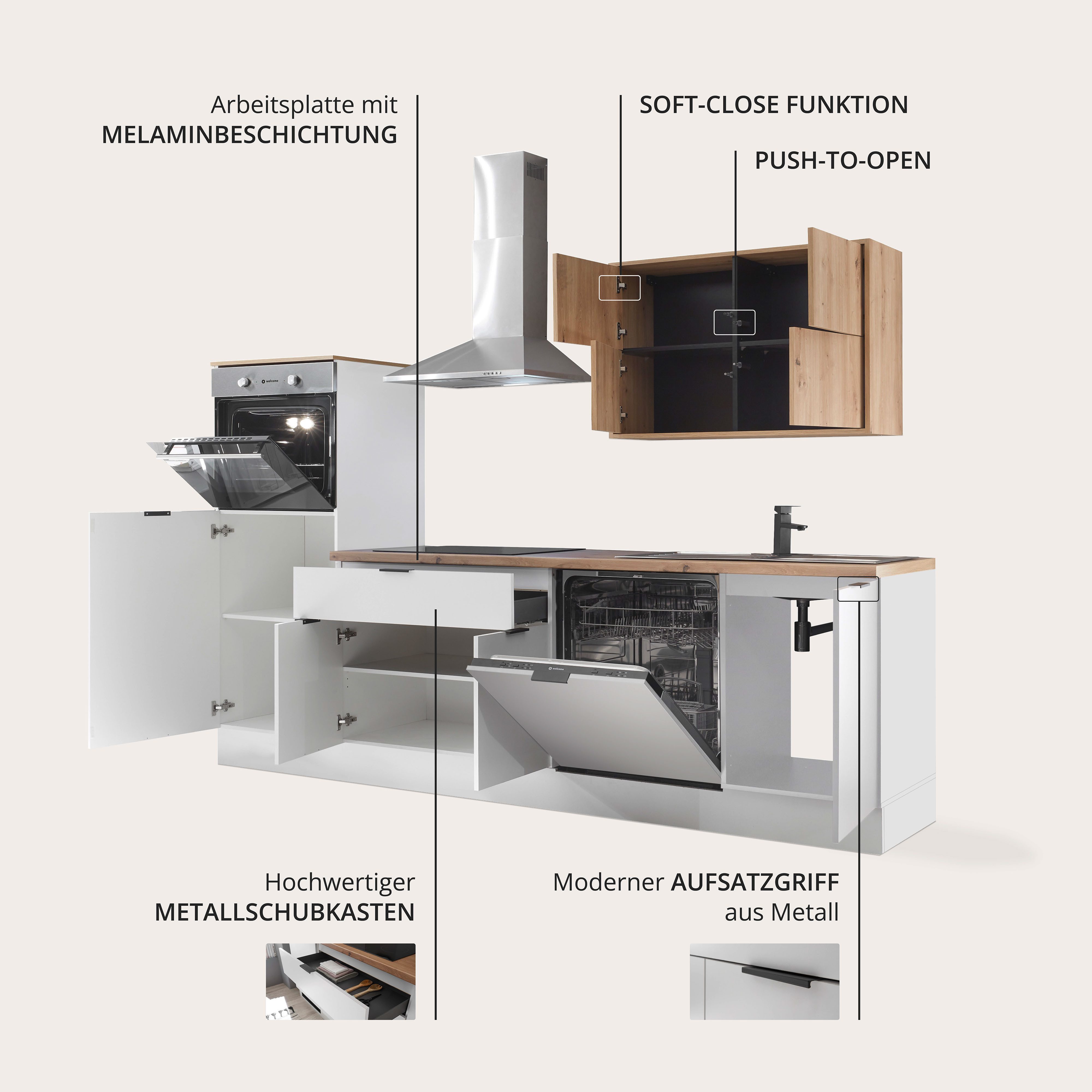 KOCHSTATION Küchenzeile KS-Georgia, mit 38mm starker Arbeitsplatte, Breite 260 cm, wahlweise mit E-Geräten und Kühlschrank