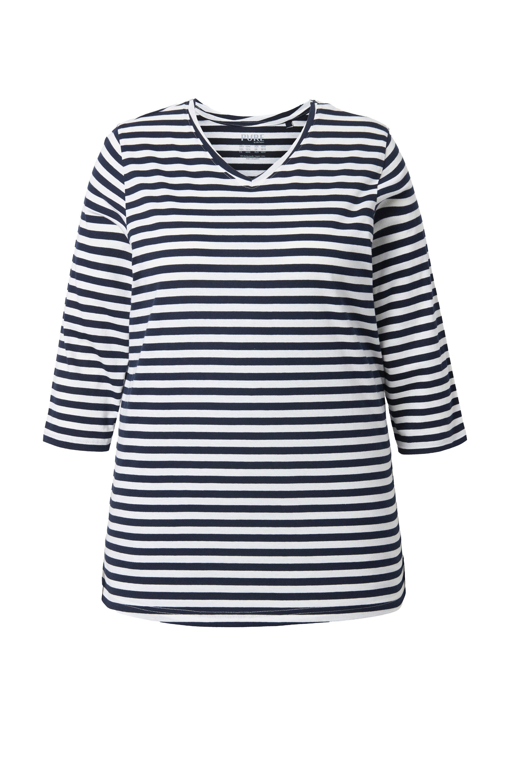 Ulla Popken T-Shirt Shirt Ringel V-Ausschnitt 3/4-Arm Biobaumwolle günstig online kaufen