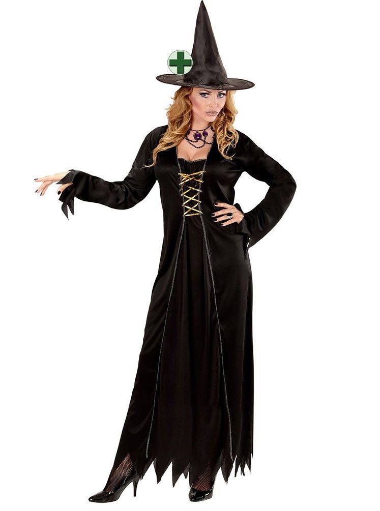 Karneval-Klamotten Hexen-Kostüm langes schwarzes Hexenkostüm Damen mit  Hexenhut, Frauenkostüm Halloween schwarzes Kleid