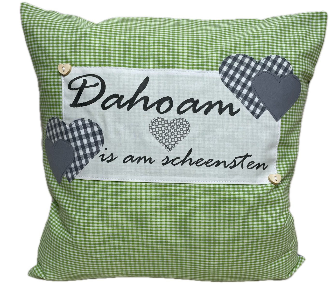 Ammerkind Dekokissen Landhausstil Kissenhülle *Dahoam is am scheensten* grün/grau kariert, 100% Handarbeit
