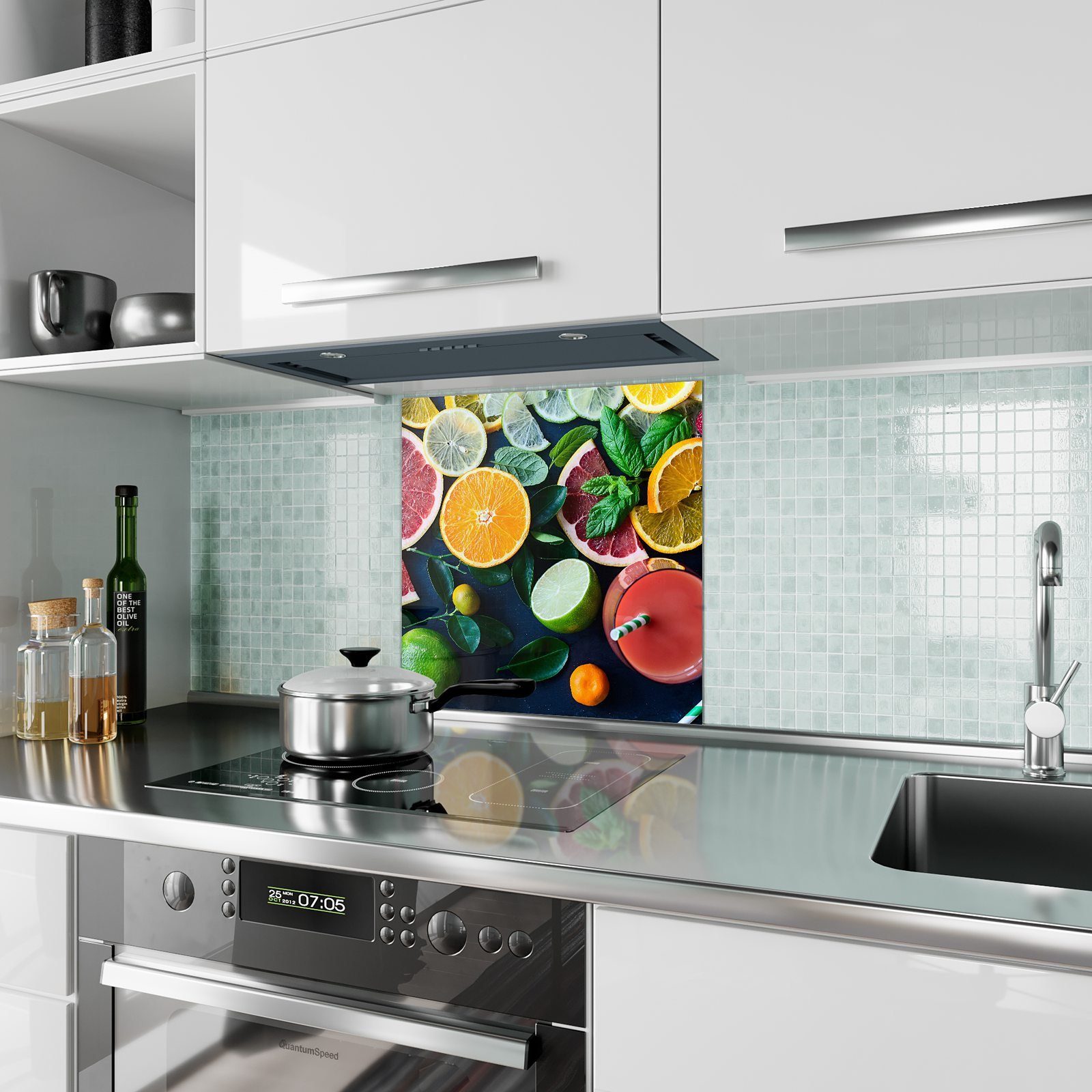 Primedeco Küchenrückwand Küchenrückwand Spritzschutz Glas mit Motiv Zitrusgetränke