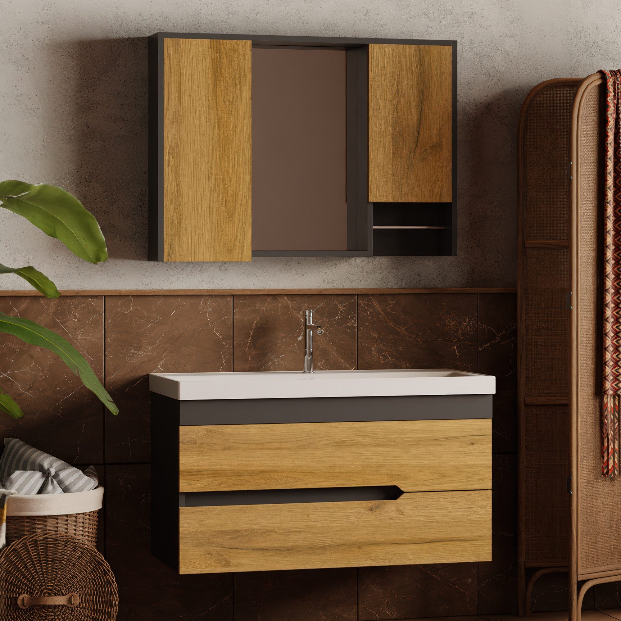 Karen Badmöbel-Set Badmöbel Set Marmara, (3-St., Unterschrank mit Schubladen, Spiegel mit Regalen, Keramikwaschbecken), Innovatives Design, MDF Lam, Softclose, Funktionalität