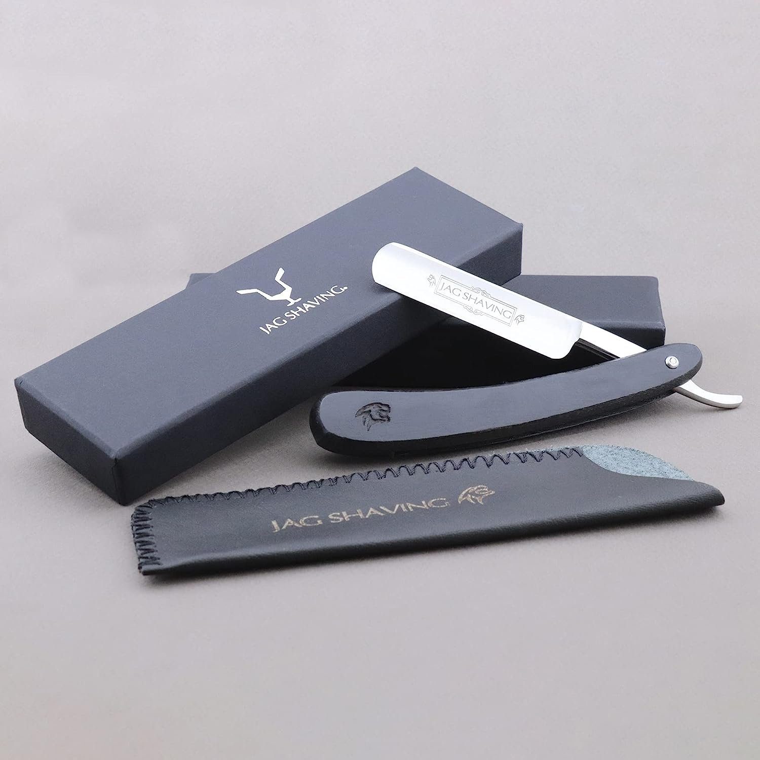 JAG SHAVING Rasiermesser Rasierhobel mit Lederetui für Friseure in Schwarz, Rasierer mit Hüllenset, 1-tlg., Professioneller Rasierer für den Friseursalon