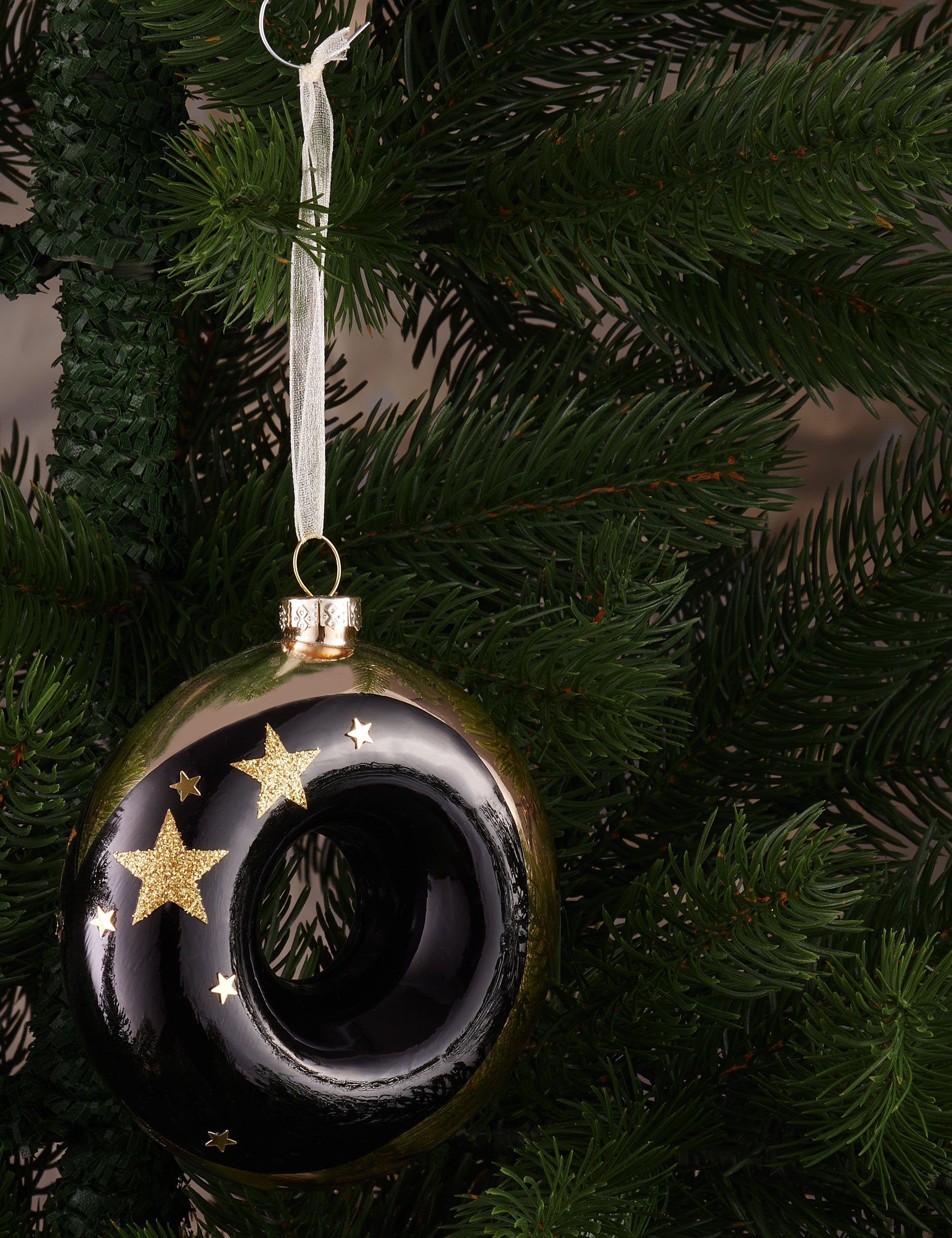 BRUBAKER Weihnachtsbaumkugel Premium (1 Handbemalt St), Luxus cm Baumkugel Schwarz Christbaumkugel und Weiß Donut Muster - - Glas Weihnachtskugel aus 10 - Gold