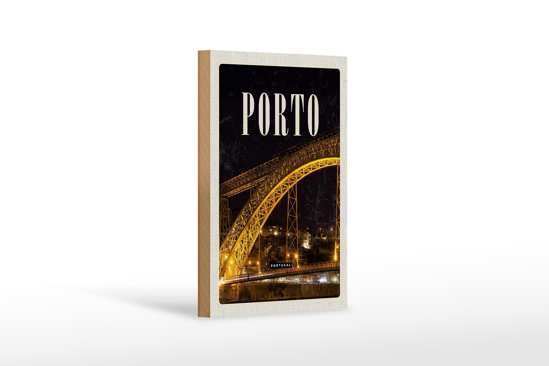 Femer GmbH Holzbild Reise 12x18 cm Porto Portugal Brücke Nacht Bild, (1 St), Glatte Holzfaserplatte (MDF), vorn beschichtet