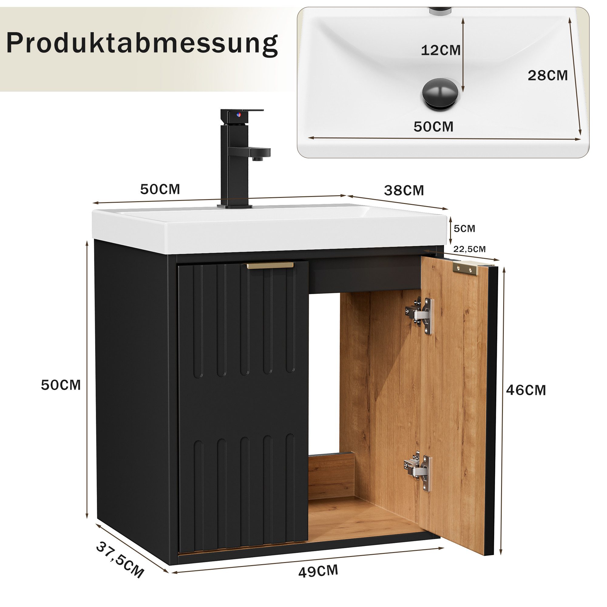 UEV Waschtisch klein Waschbecken mit Unterschrank set Badmöbel Gäste-WC hängend 49cm (Waschplatz ausreichend Stauraum,Badmobel Set fur Badezimmer, Unterschrank  – Bild 4 von 5