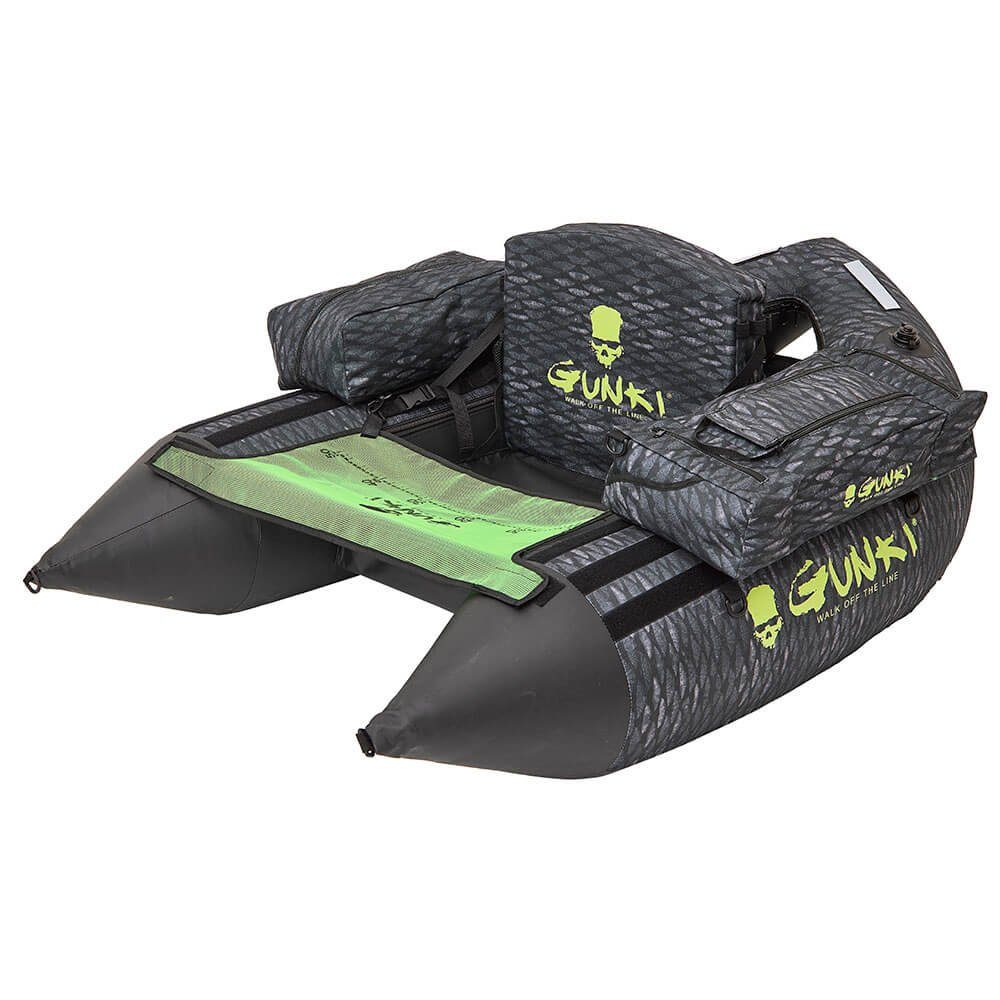 Gunki Fishing Schlauchboot Gunki Belly Boot Squad Camo Fish, (Eine Seitentasche Gunki Team, Eine Seitentasche Gunki Medium, Reparatur-Kit, Tragegurte, Fusspumpe, Rod Scratch (x2), Reflektierende Sicherheitsstreifen (x3)