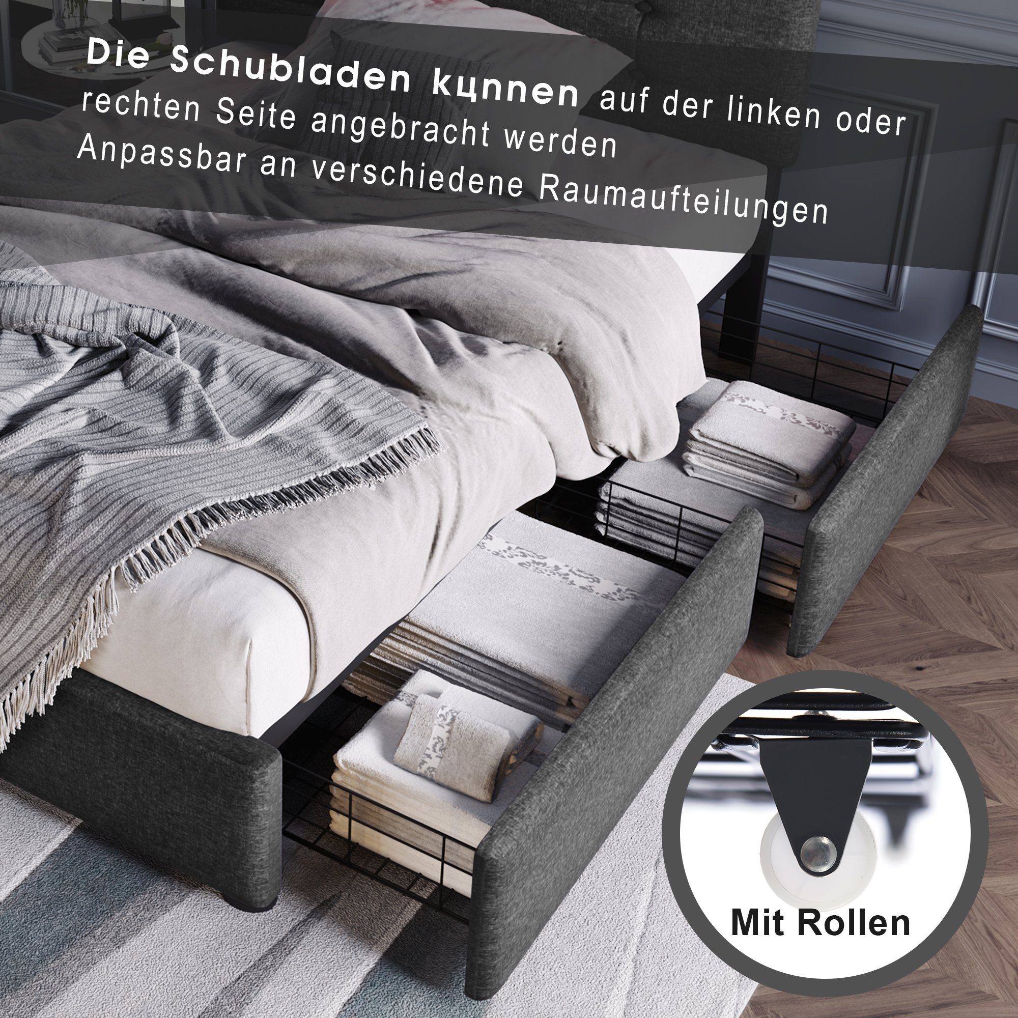 Polsterbett (mit LED-Beleuchtung, Fernbedienung und verstellbarem Kopfteil), Einzelbett mit Matratze, 2 Schubladen, Leinen, 90x200cm Bett