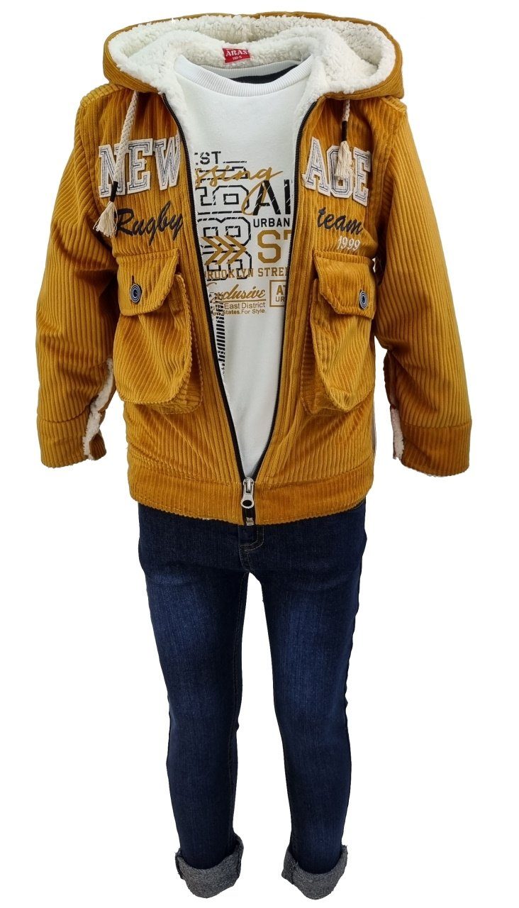 Fashion Boy Cordjacke 3-Teiler Jacke Jeans Shirt für Jungen JS6325 (3-teilig) Ockergelb