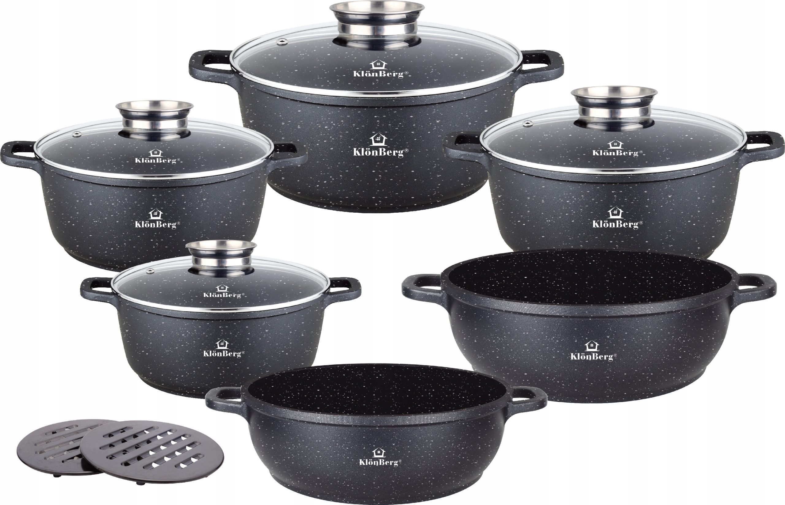 KlönBerg Topf-Set Steinbeschichteten Töpfen in verschiedenen Größen mit niedrigen Töpfen, Aluminiumguss, Aluminium, Keramik, Edelstahl (Passt in jede Küche! 1.2L / 2.3L / 2.5L / 4.1L / 4.5L / 6.5L, 12-tlg., Es ist eine perfekte Geschenkidee für jeden Anlass), Innovative Aroma Knob-Griffe