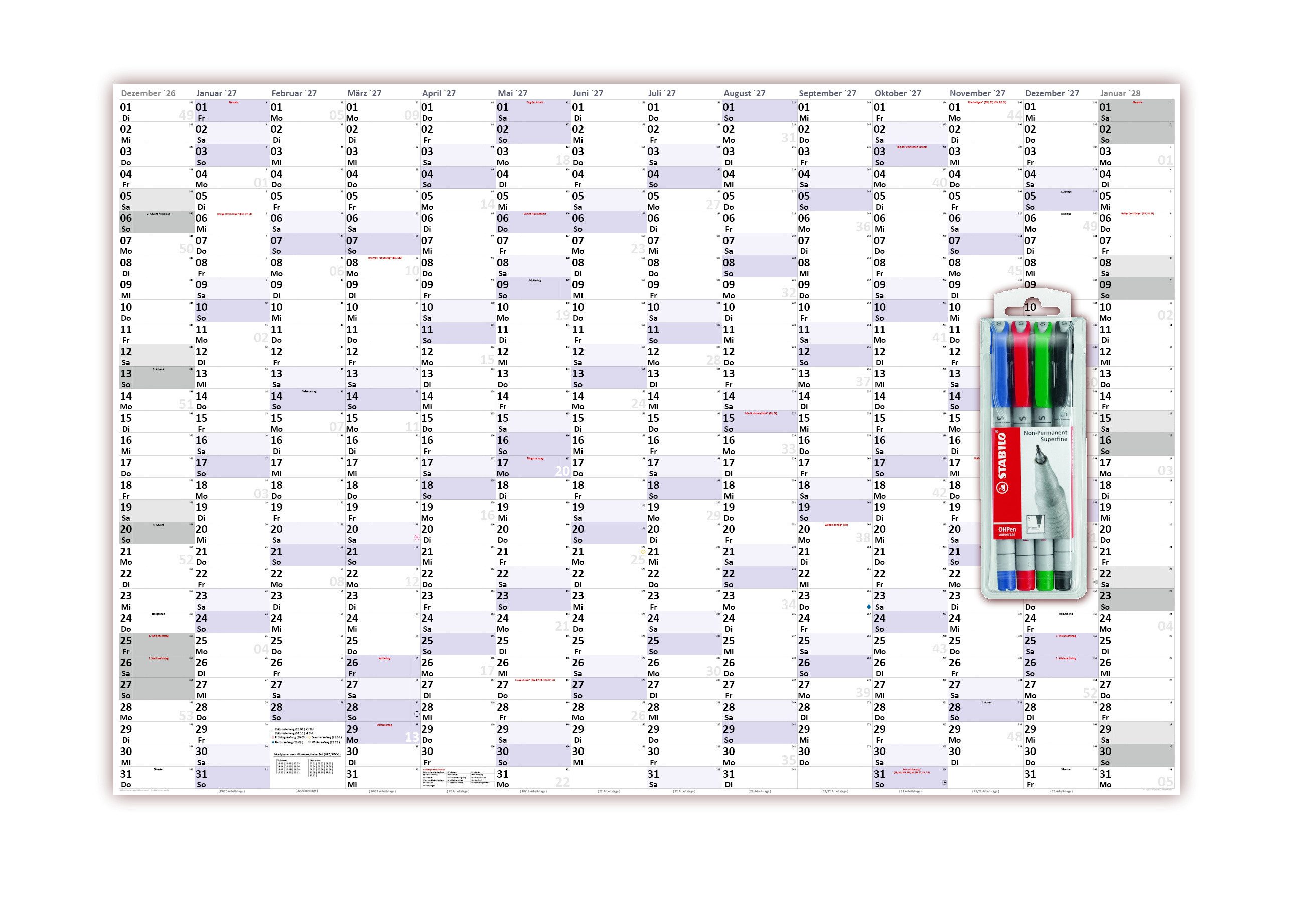 LYSCO Wandkalender XXXL Wandplaner Special A0 2026 + 2027 / 2027 nass abwischbar 120x80cm, das Kalendarium Layout ist für extra große Tageskästchen ausgelegt, durch die Folienbeschichtung nass abwischbar mit Folienstiften