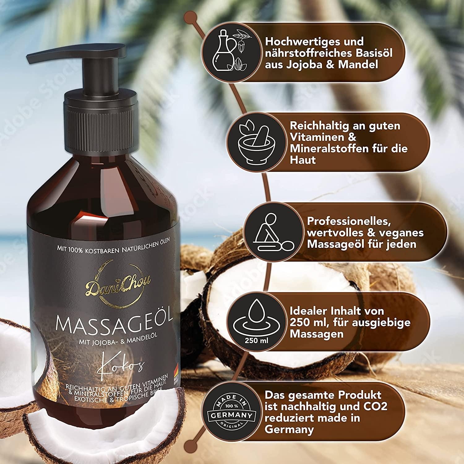 DaniChou Massageöl Kokos, Natürliche Pflege mit Jojoba- & Mandelöl, 250 ml, 100% Naturkosmetik, vegan & ohne Paraffine, Exotischer Duft für sinnliche, Massagen & geschmeidige Haut, Made in Germany