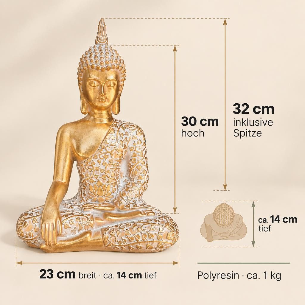 Kamelio Buddhafigur Buddha Figur sitzend 30cm Gold mit weiß Deko-Figur – Bild 3 von 5