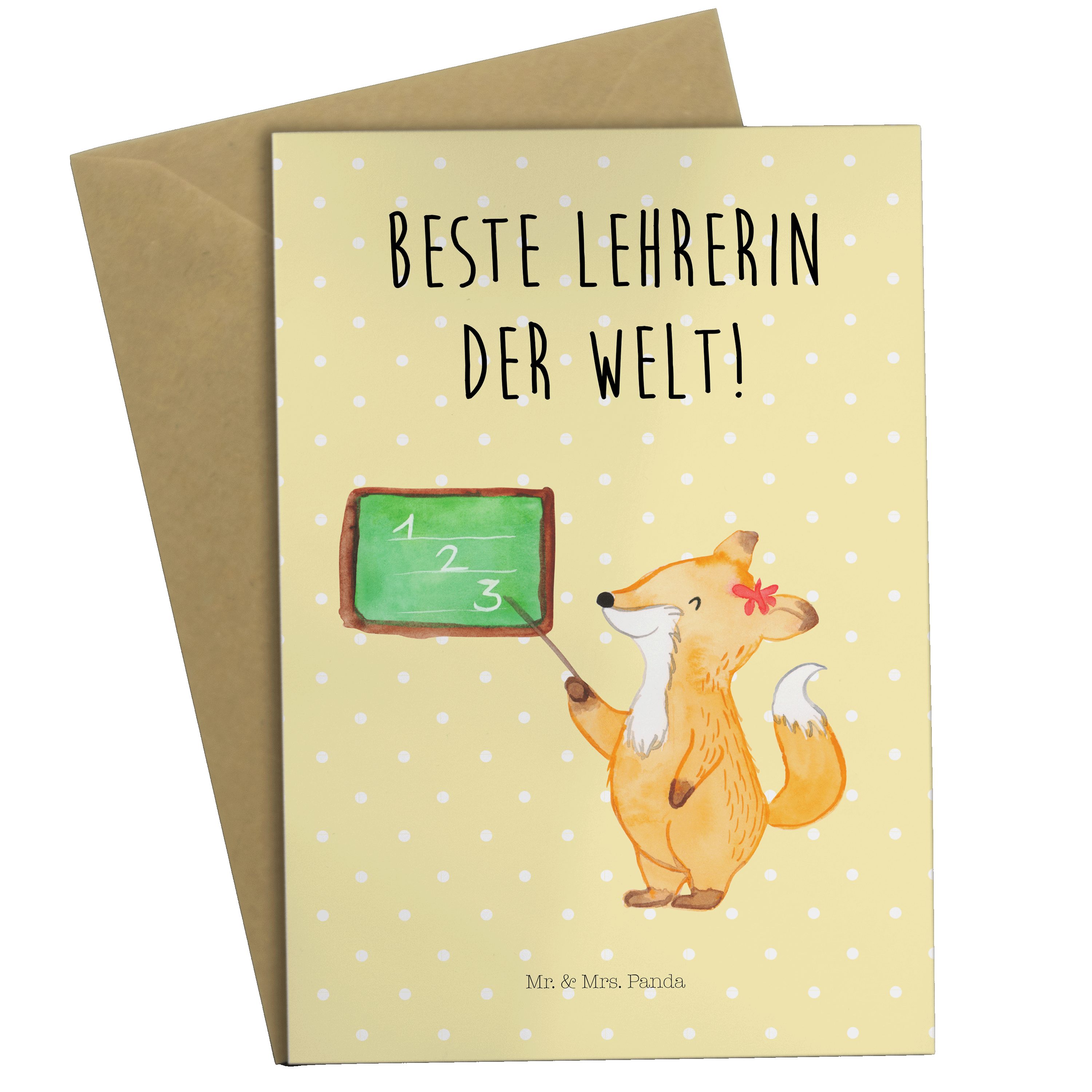 Mr. & Mrs. Panda Grußkarte Fuchs Lehrerin - Gelb Pastell - Geschenk, Einladungskarte, Tiermotive