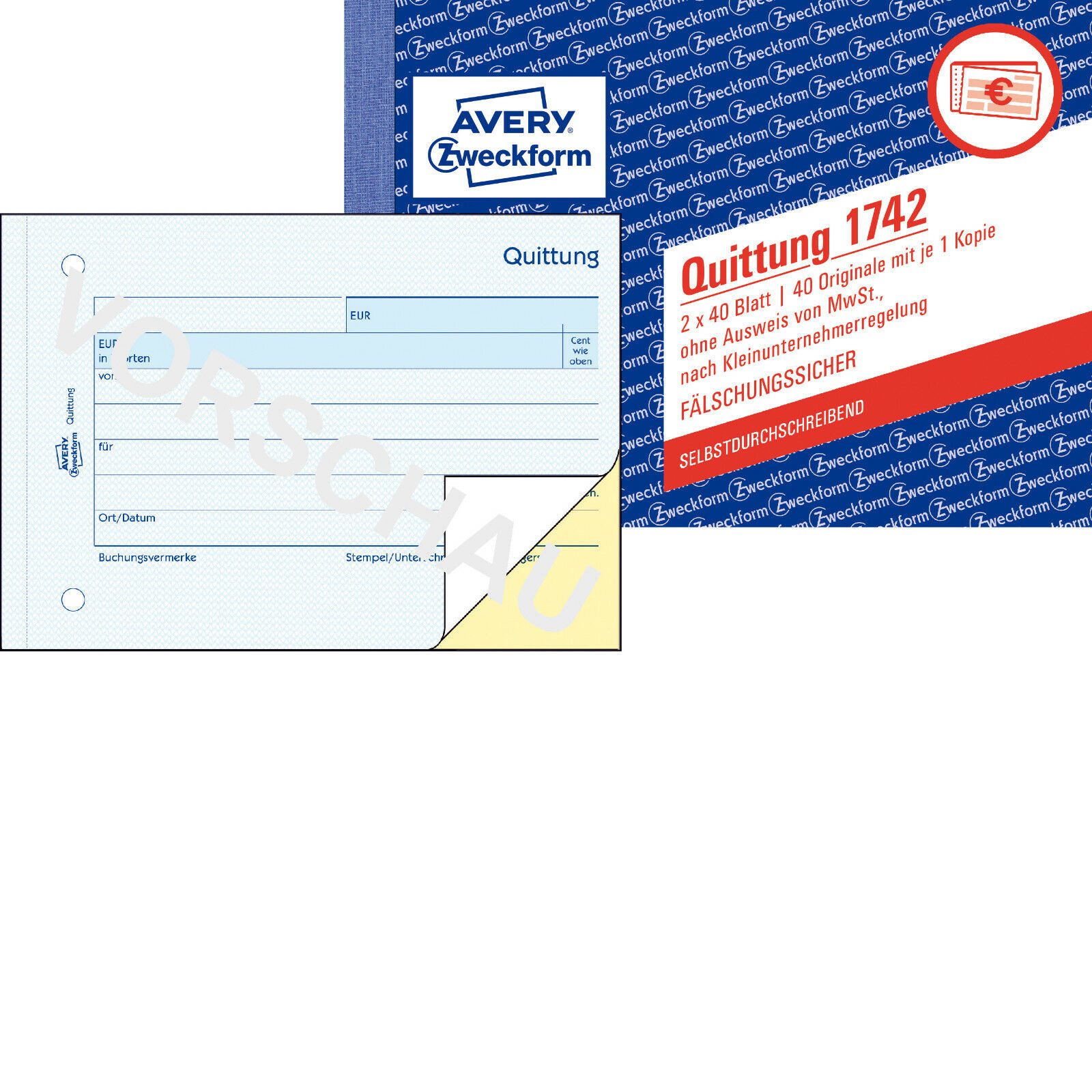 Avery Zweckform Formularblock Avery Zweckform 1742 Quittung Kleinunternehmer A6 quer SD 2x40 Blatt