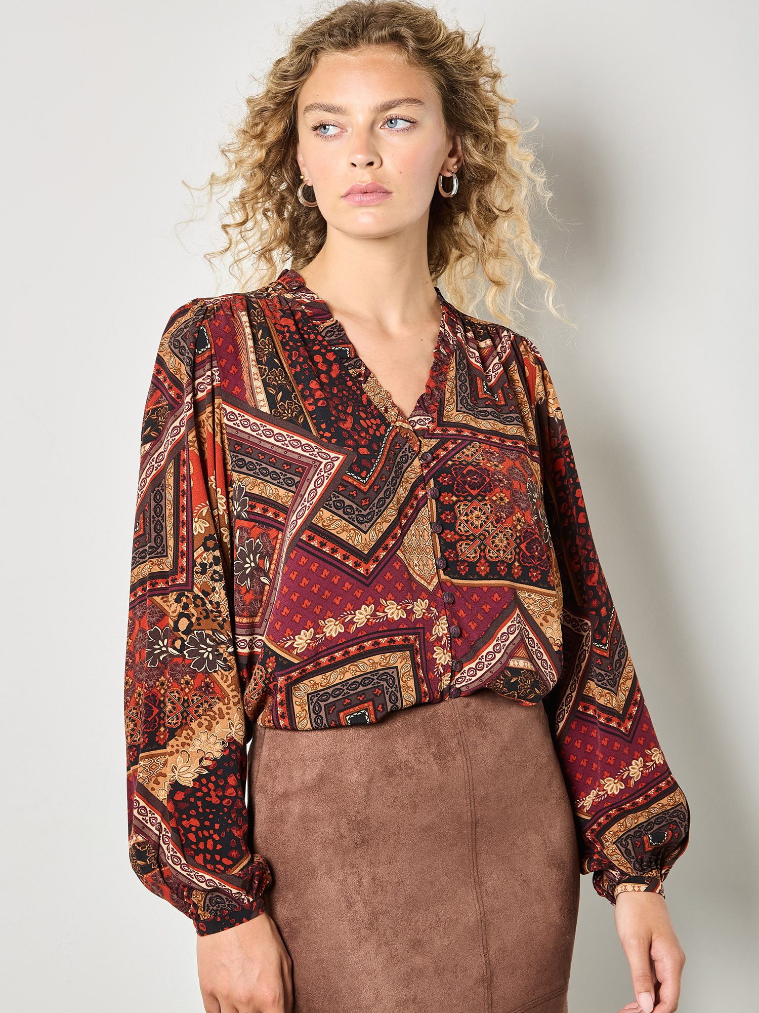 Apricot Rüschenbluse Bluse mit Patchwork-Muster