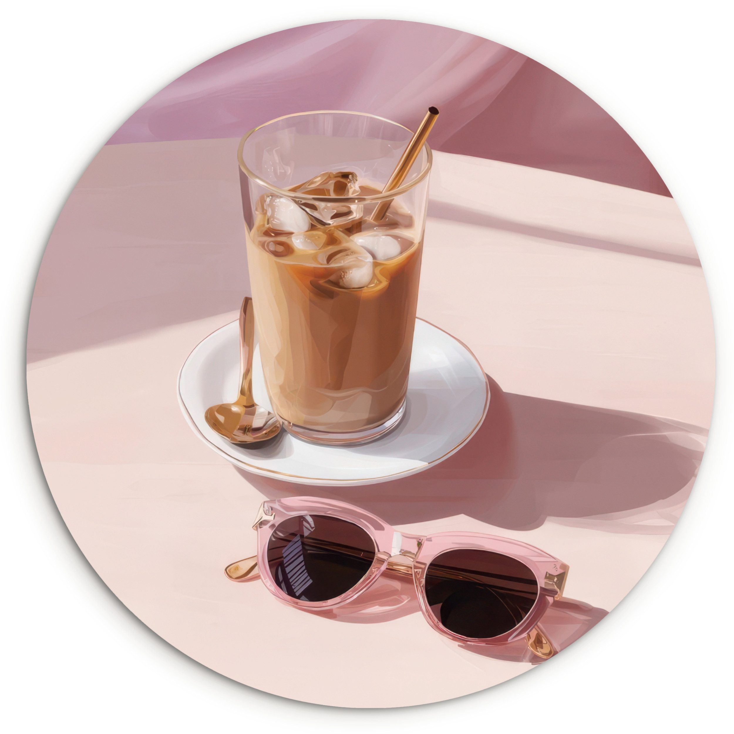 MuchoWow Gemälde Eiskaffee - Sonnenbrille - Gold, Fotodruck (1 St), Kreis Wanddekoration, Rundes Wandbild, 30x30 cm