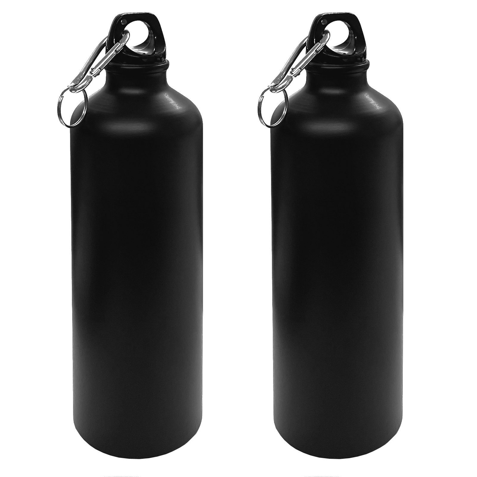 HAC24 Trinkflasche 2x Alu Wasserflasche Sportflasche Fahrradflasche Aluflasche, Aluminium Matt Schwarz 750 ml mit Karabiner