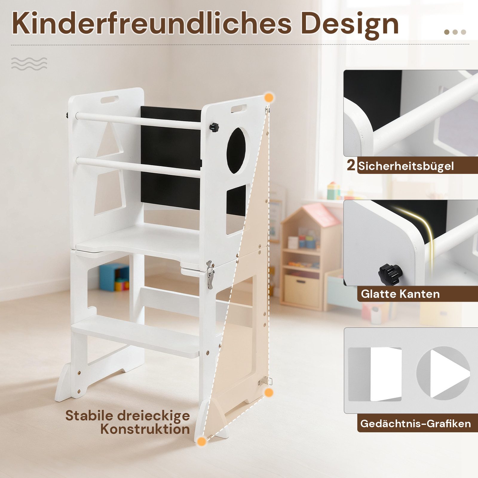 LALAHO Stehhilfe 3-in-1 Stehhilfe Lernturm klappbar, verwandelbar in Schreibtisch&Stuhl, klappbar, mit Maltafel, geometrisches Muster, Kiefernholz + MDF