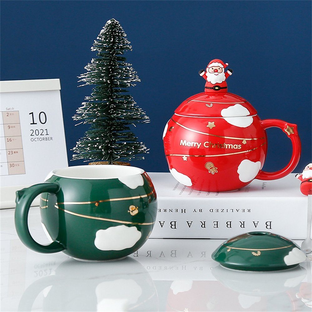 Rouemi Tasse Kugelbecher und Löffelbecher mit Deckel Weihnachts-Keramikbecher, Blau