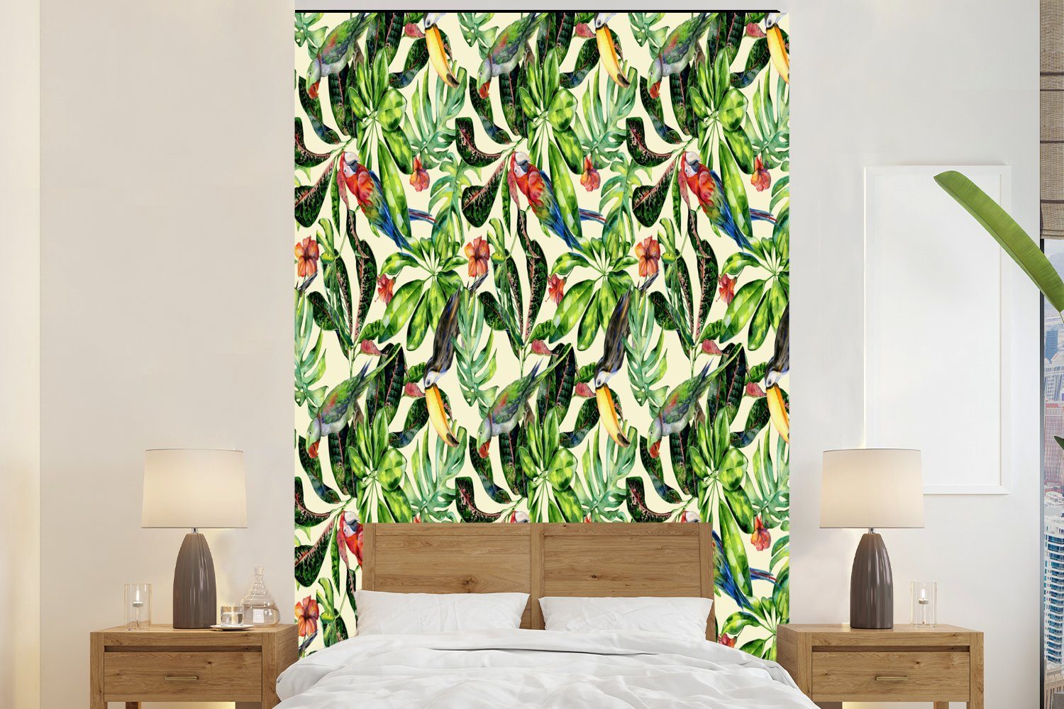 Hibiskus bedruckt, Vogel - (3 - Wohnzimmer, Muster, MuchoWow Matt, Montagefertig Fototapete Vinyl Wandtapete Tapete Blumen - St), für