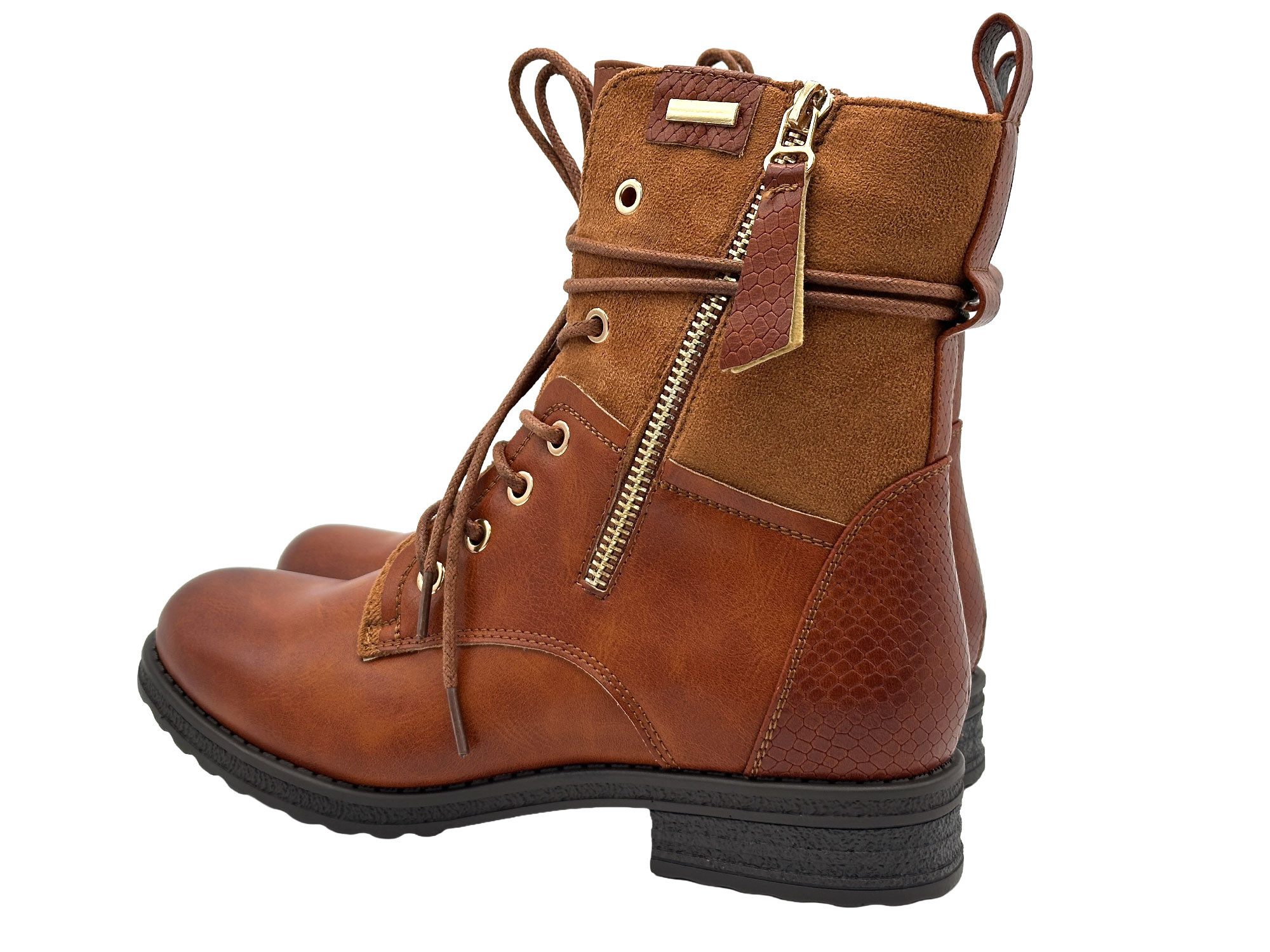 Nowaland Casual Damen Boots mit Warmfutter und Reißverschluss Stiefelette Dekorative Schnürung und kuscheliges Warmfutter